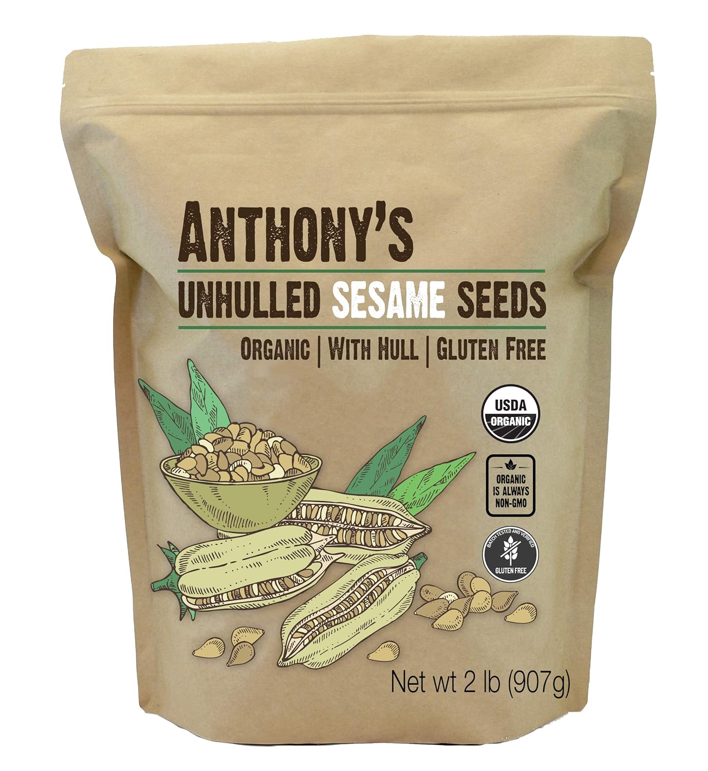 Anthony's Sesame Seeds, 2 lb, Unhulled, Batch Tested and Verified Gluten Free, With Hull, Keto Friendly
