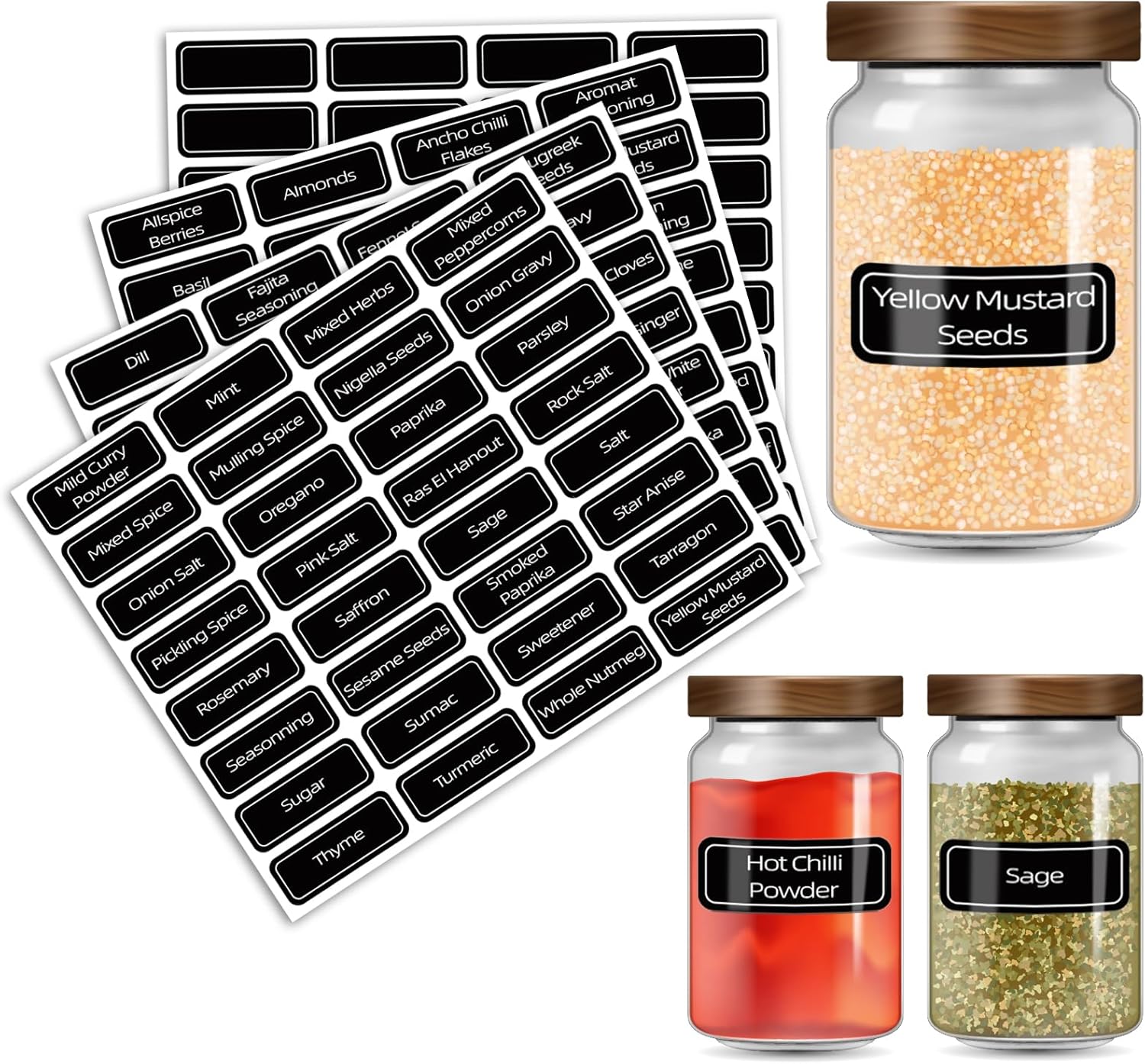 Spice Labels for Jars, Pre Printed Waterproof Self Adhesive Stickers for Kitchen Organization and Pantry Storage, Washable Reusable Tear-Proof Black Seasoning Sticker, 96 Pcs + 32 Free Blank Labels
