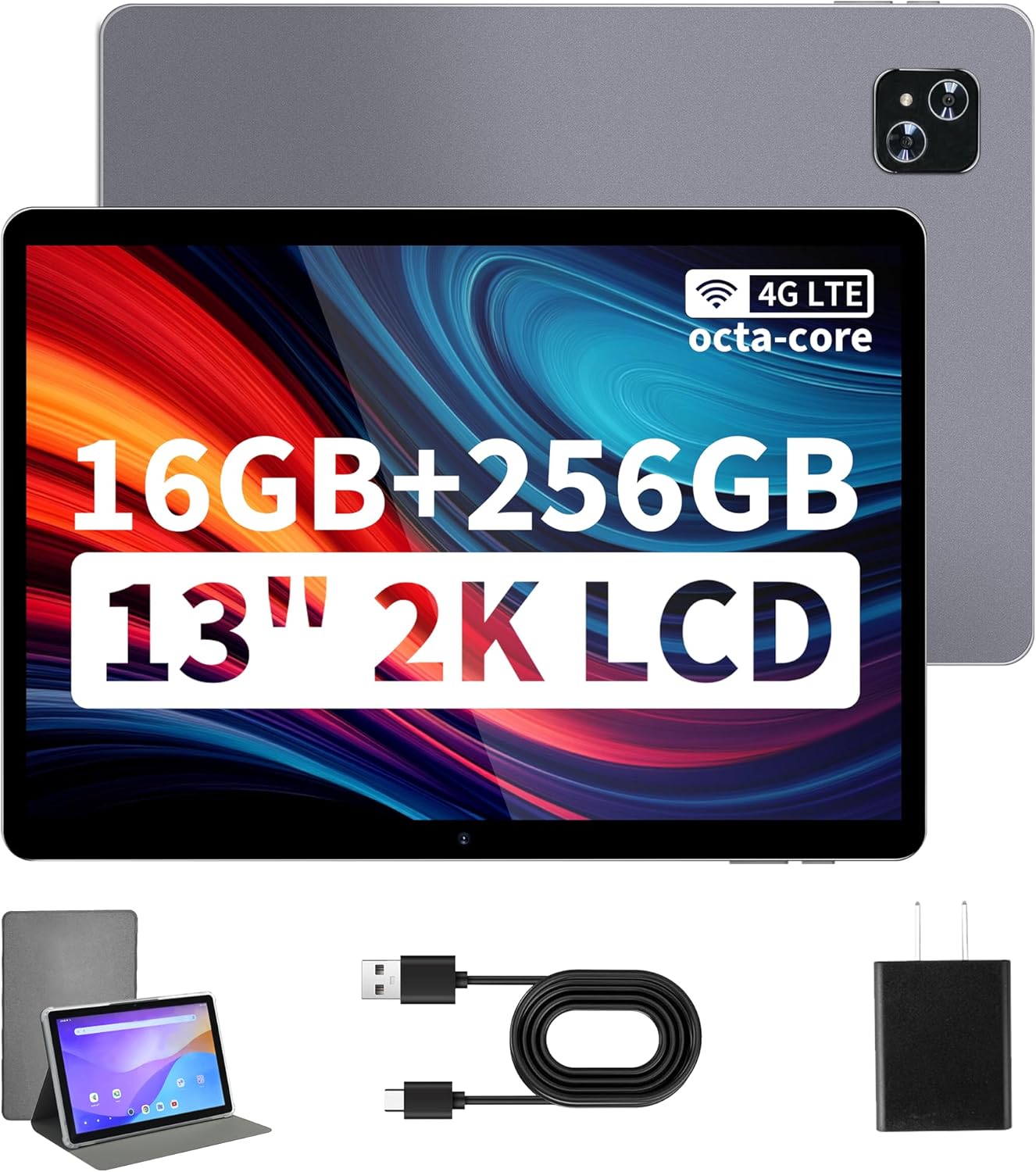 Veidoo 13 Inch Android Tablet, 2K 2160x1440 FHD Screen, 16GB(8+8 Expand) RAM 256GB ROM with 2TB Expand, Octa-Core Processor, Dual Nano SIM Card 4G LTE，with 2.4G / 5G WiFi, 10000 mAh Battery