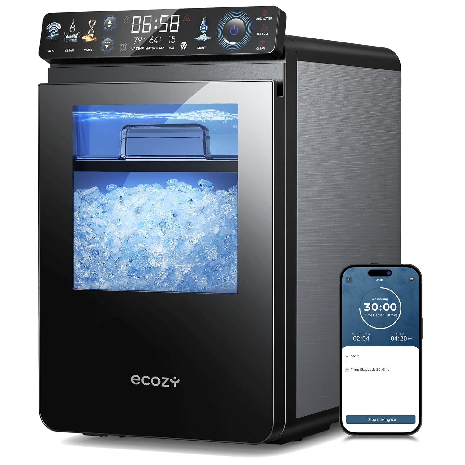 ecozy Nugget Ice Maker Countertop, Smart Pebble Ice Machine with APP Control, 44 lbs/24H Soft Pellet Chewable Ice with Self-Cleaning, Stainless Steel