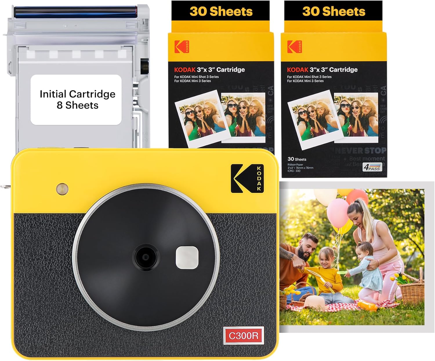 KODAK Mini Shot 3 Retro 4PASS 2-in-1 Instant Digital Camera and Photo Printer (3x3 inches) Initial 8 Sheets + 60 Sheets Cartridge Bundle, Yellow (NOT Zink)