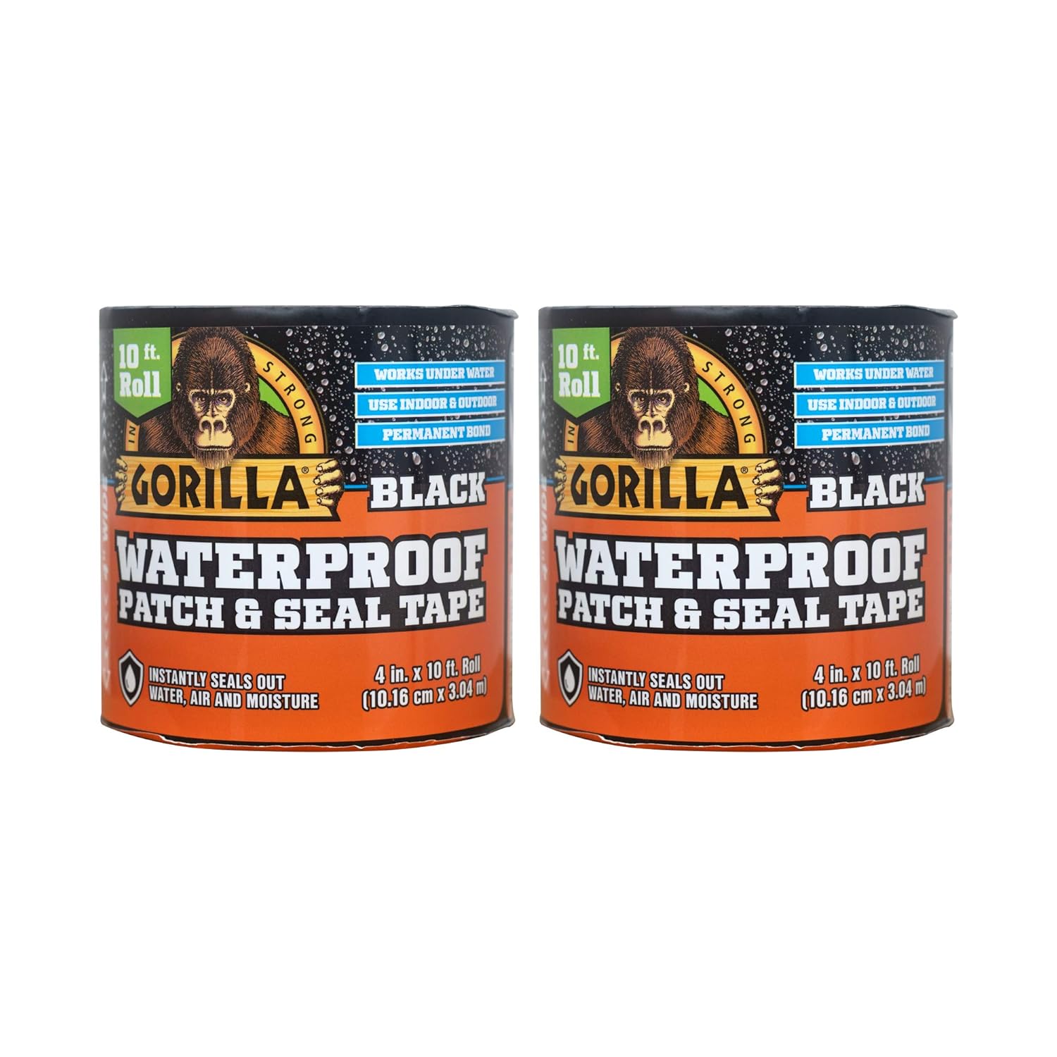 Gorilla Waterproof Patch & Seal Tape, Black Tape, 4" x 10' (Pack of 2) - Permanent Weather Resistant Seal for Leaks and Repairs