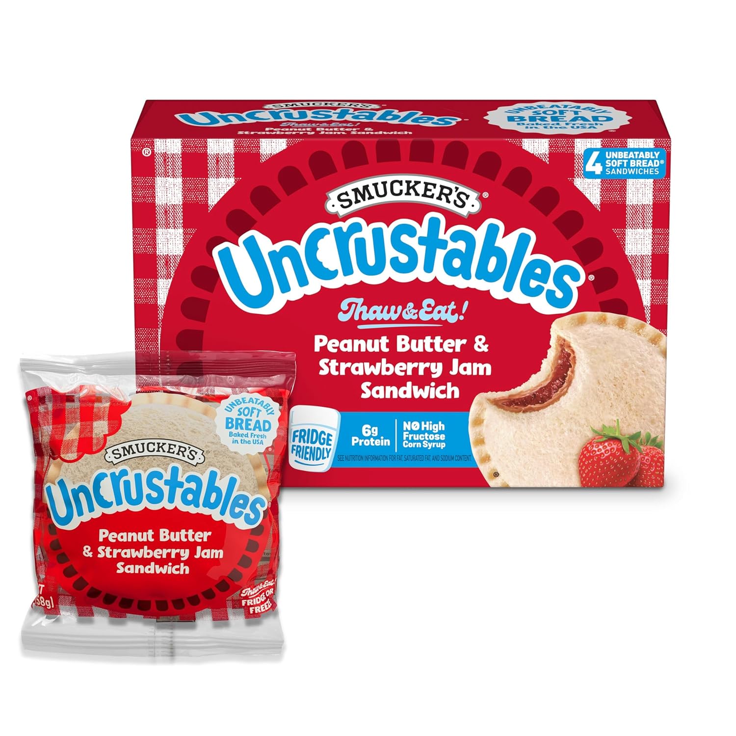 Smucker’s Uncrustables Peanut Butter & Strawberry Jam Frozen Sandwiches, 4 | 2-oz. sandwiches, Fridge Friendly for up to 5 days, Unbeatably Soft Bread baked with no artificial preservatives