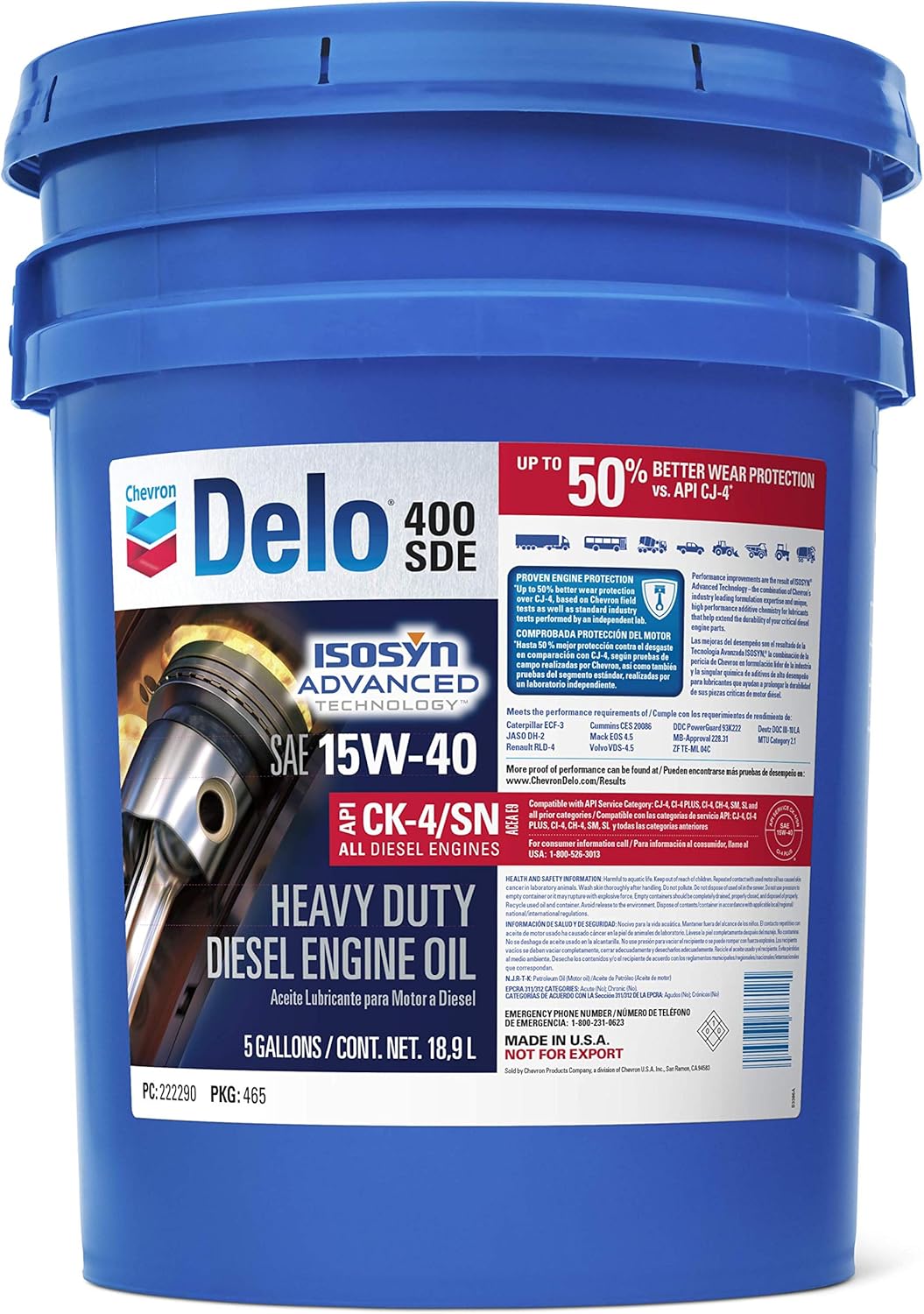 Chevron Delo 222290465 400 SDE SAE 15W-40 Motor Oil - 5 Gallon Pail
