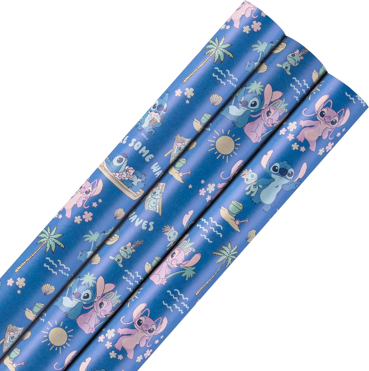 Hallmark Wrapping Paper Roll, Pack of 3 in 1 Disney Lilo & Stitch Design, Stitch & Angel, 2M Each, Birthday, Christmas, Blue