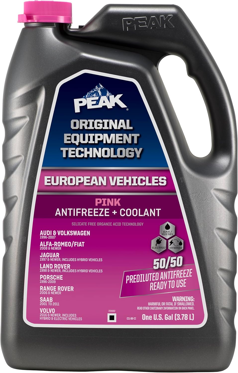 PEAK OET Extended Life Pink 50/50 Prediluted Antifreeze/Coolant for European Vehicles, 1 Gal.