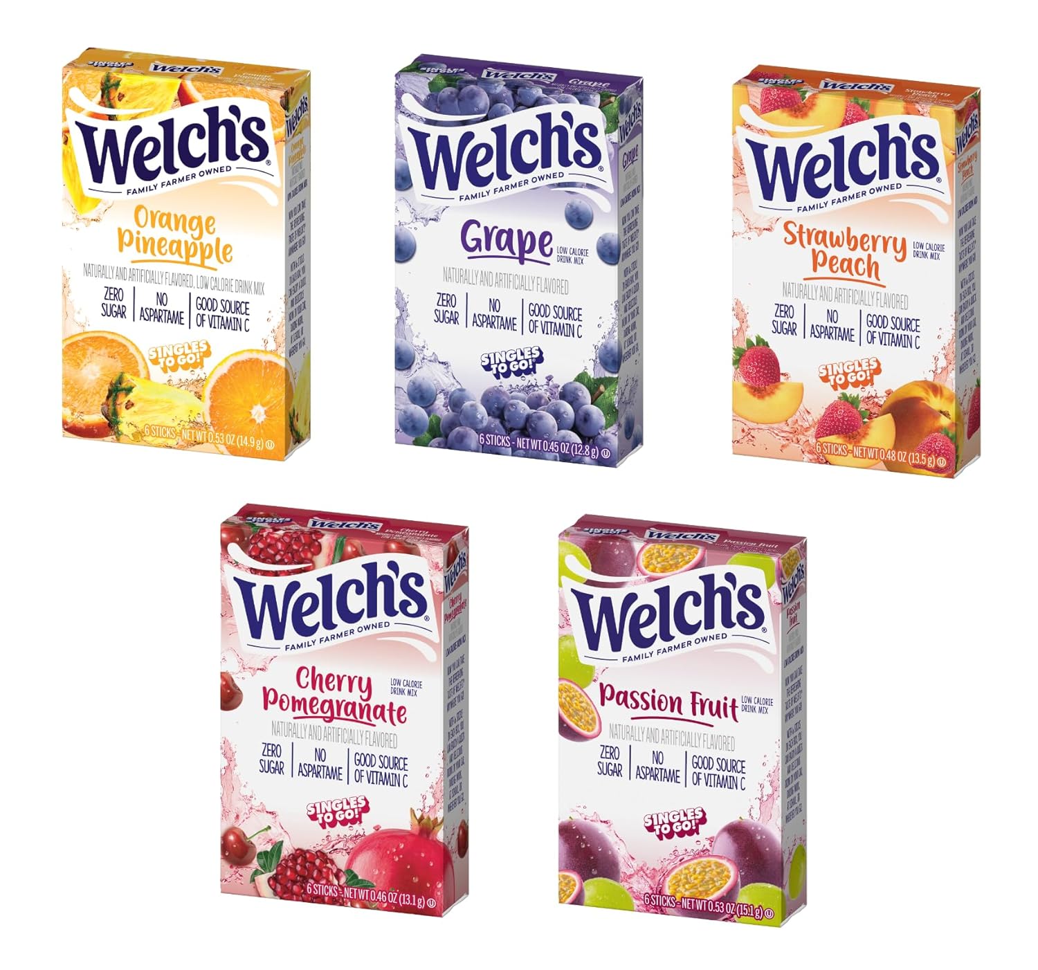 Welch's 5 Pack Variety - One of Each Flavor - Orange Pineapple, Cherry, Grape, Strawberry Peach, and Passion Fruit - Singles To Go