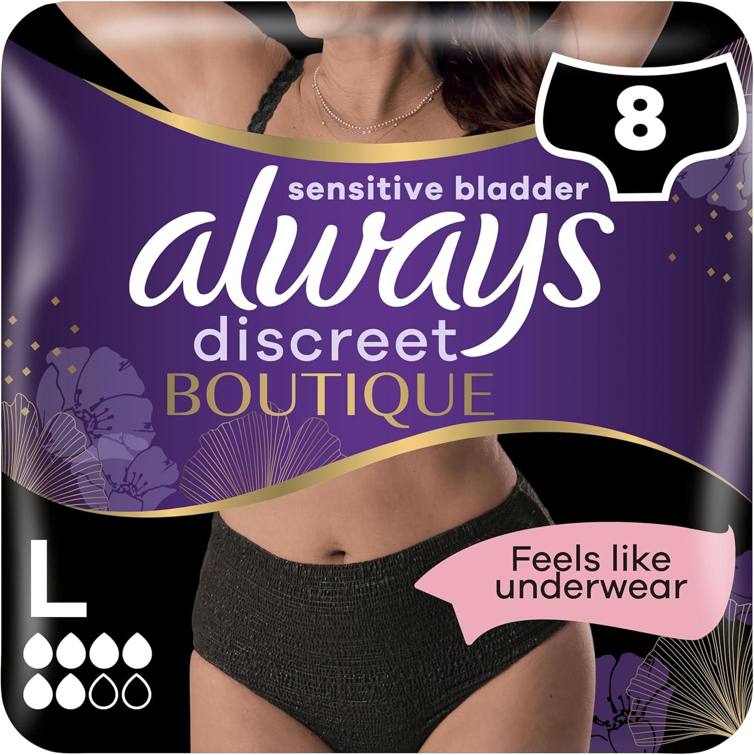 Always Discreet Boutique Underwear Incontinence Pants Plus L Black X 8, for Sensitive Bladder, Locks Away Odours, Wetness and Prevent Leaks