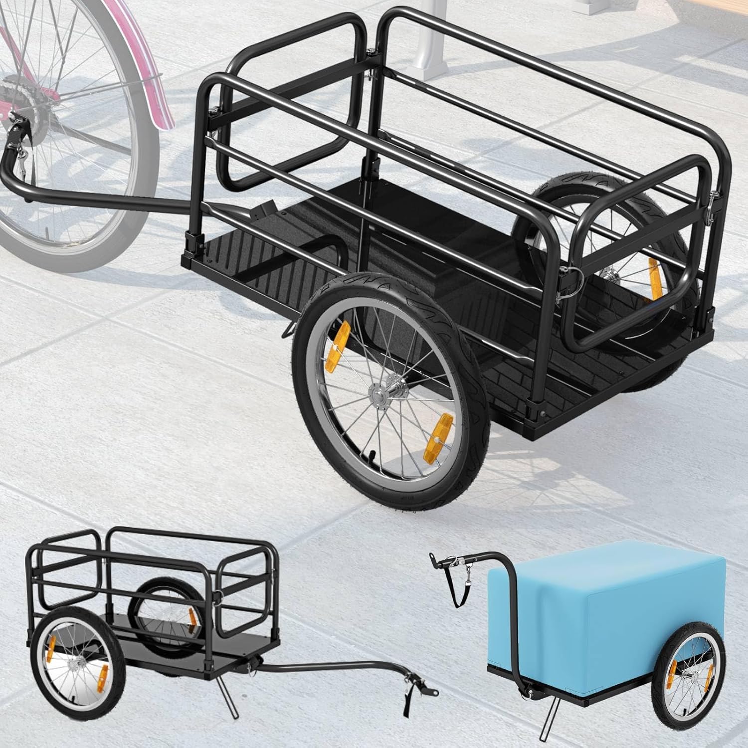 TANGZON 2-in-1 Bicycle Cargo Trailer, Utility Bike Towing Trolley with Reliable 40 CM Air Wheels, Foldable Metal Frame & Removable Cover, Versatile Luggage Hitch for Multi-bike Compatibility