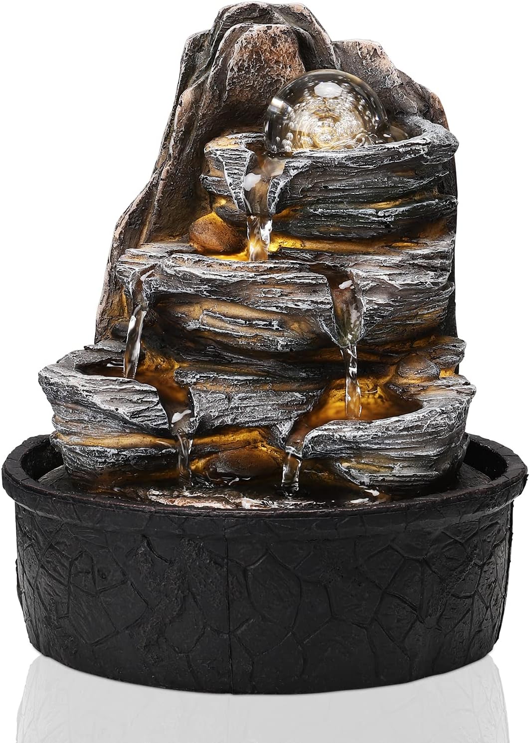 BTGGG Indoor Fountains with Rolling Ball LED Light Indoor Water Features 20.5 * 20.5 * 25CM Desktop Waterfall Fountain for Relaxation, 3 Pin UK Plug Included