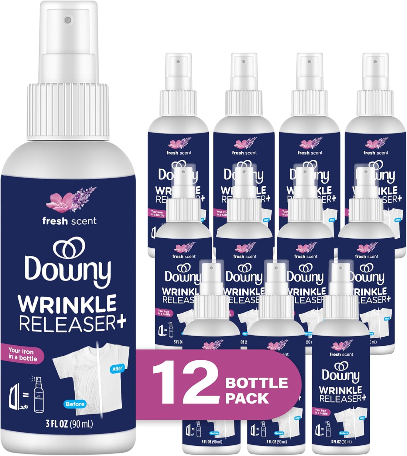 Downy Wrinkle Release Spray Travel Size, All In One Formula, Removes Wrinkles, Static and Odor Eliminator, Light Fresh Scent, 3 Fl Oz, Pack of 12