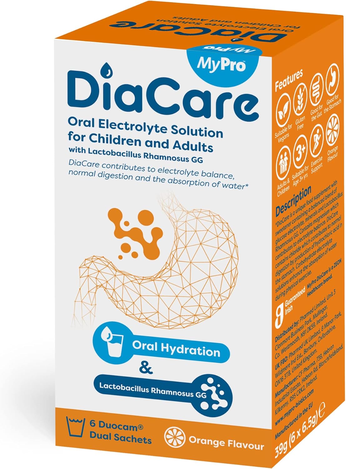 DiaCare Oral Rehydration for Children and Adults | Electrolytes and Probiotic | Orange Flavour | 6 Sachets