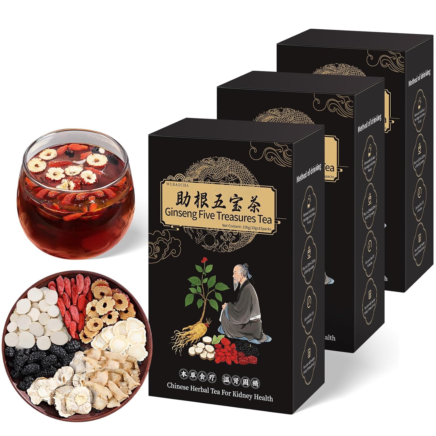 Ginseng Five Treasures Tea Kidney Tea, Chinese Ginseng Six Treasure Tea Organic Kidney Cleanse Detox Tea for Women and Men's Kidney Health, 7 Precious Ingredients Formula (45 Bags/3 Boxes)