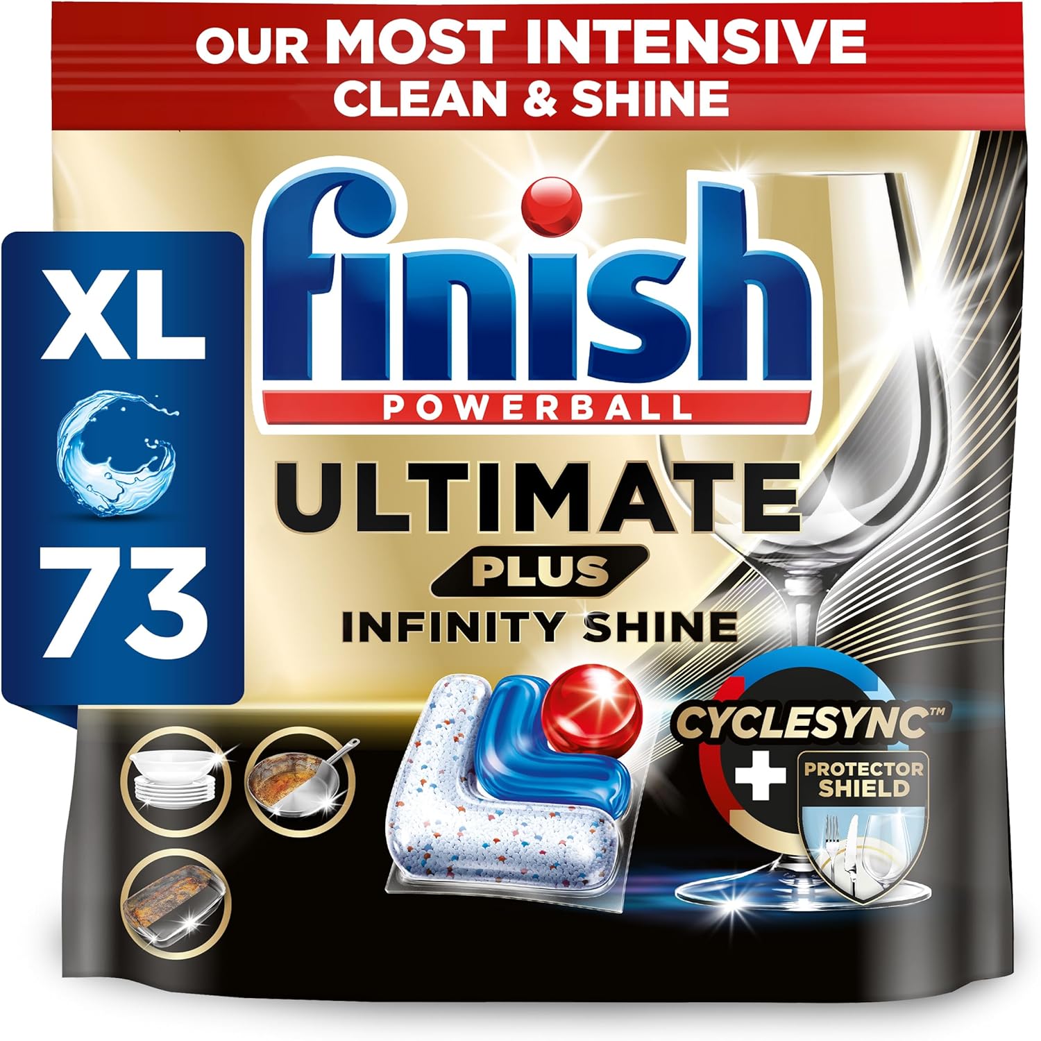 Finish Dishwasher Tablet, Ultimate Plus Infinity Shine, 73 Detergent Tablets, Fresh Scented, Tough on Grease, for Our Most Intensive Clean & Diamond Shine, Effective for Short Eco Cycle