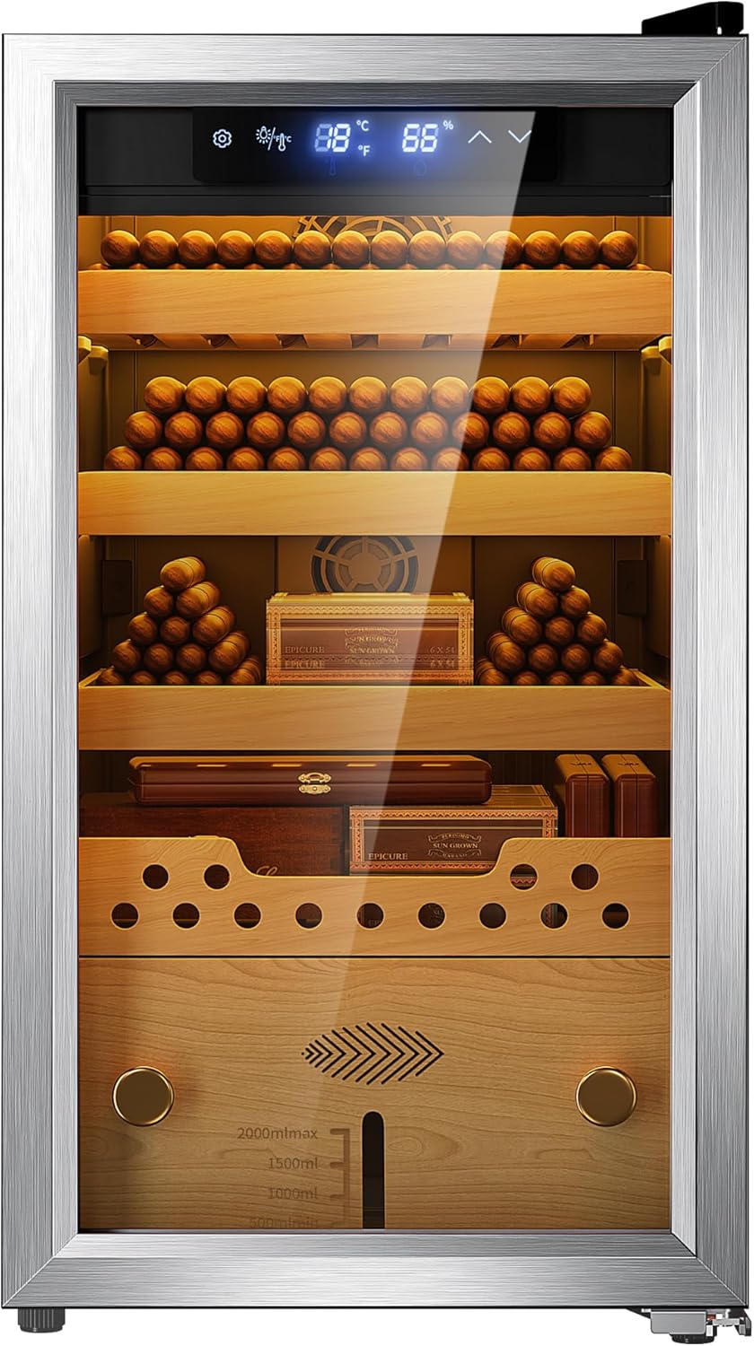 Large Capacity Humidors with Compressor Cooling - Premium Humidity Control, 40L Humidor Cabinet with Cedar Wood Shelves, Ideal for Storing (40L Silver)