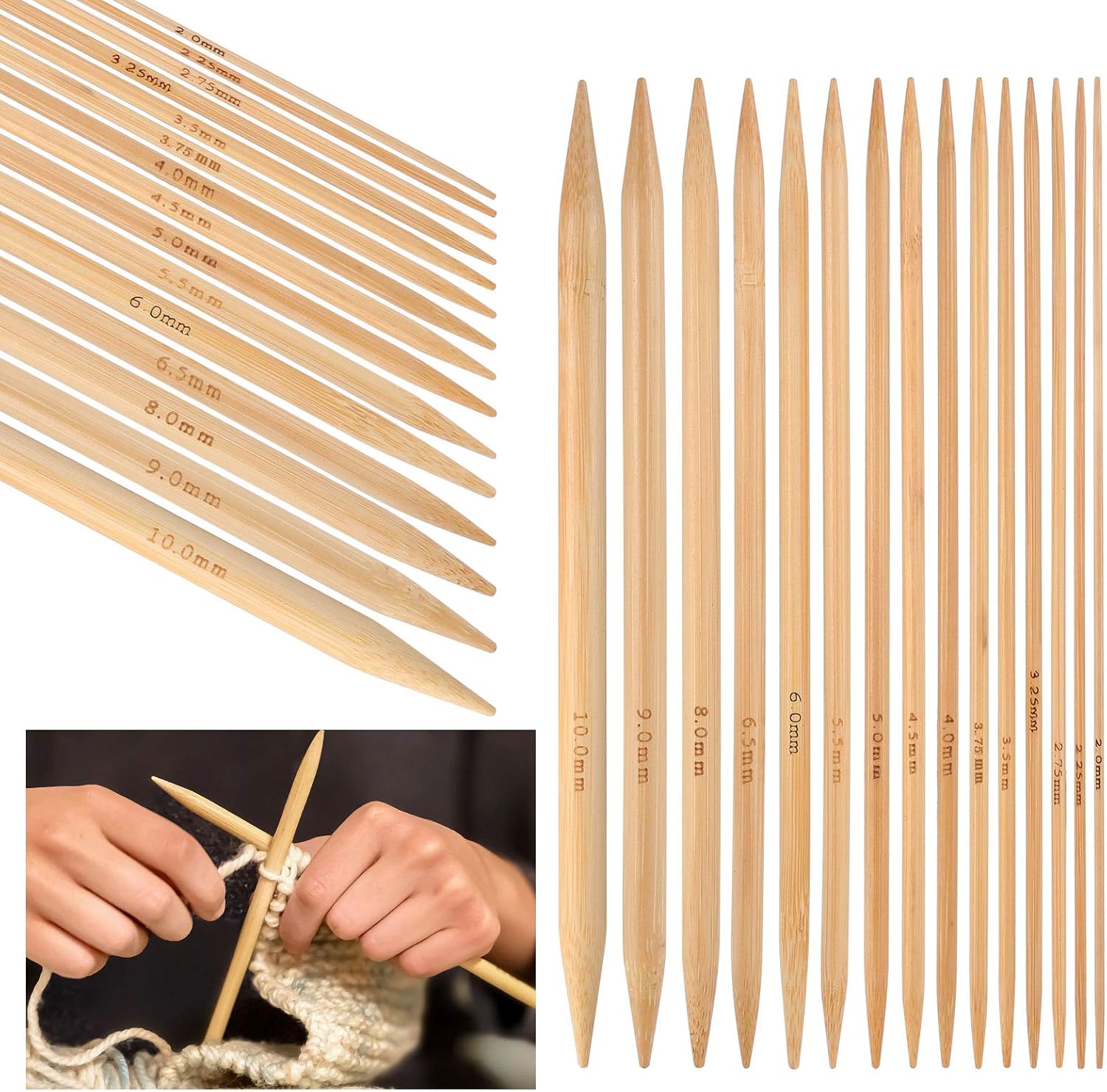 75Pcs Bamboo Knitting Needles Set, 15Sizes Double Pointed Knitting Needles Kit for Beginner Adult, Professional, Kid, 2mm 2.25mm 2.75mm 3.25mm 3.5mm 3.75mm 4mm 4.5mm 5mm 5.5mm 6mm 6.5mm 8mm 9mm 10mm