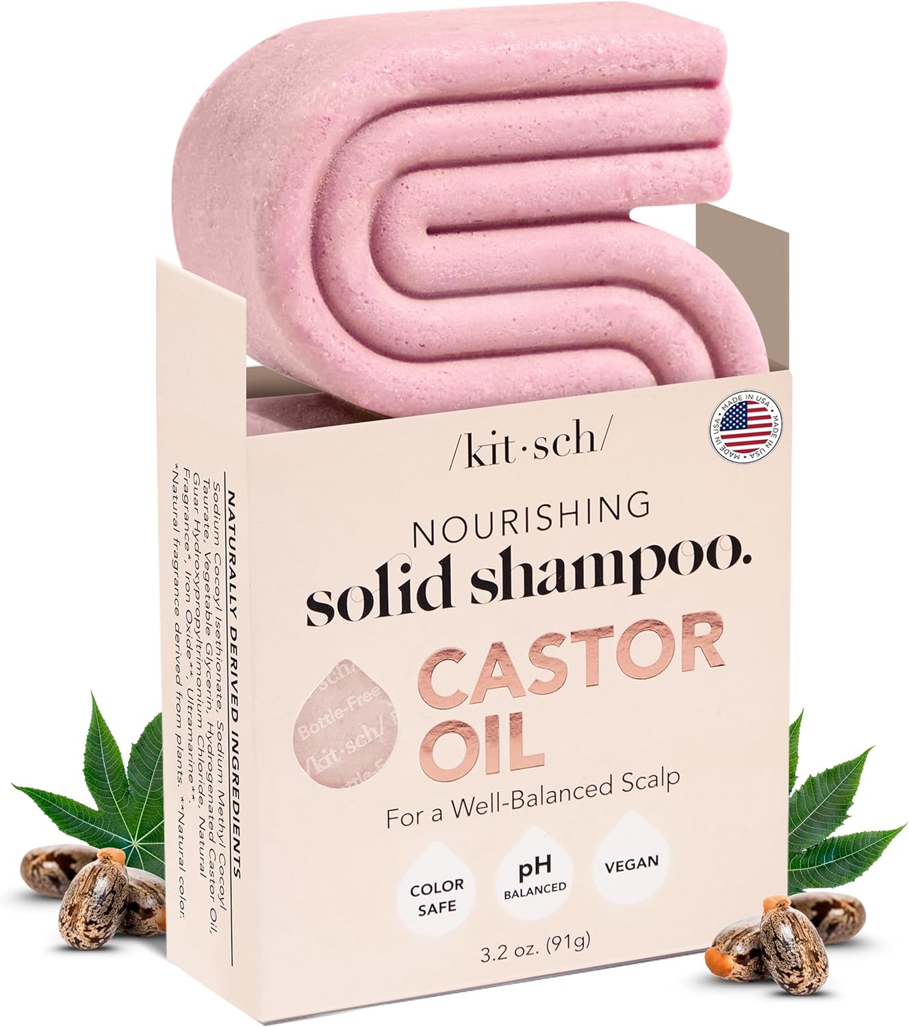 Kitsch Shampoo Bar Castor Oil – Solid Bar Shampoo for Hydration, Strengthening and Moisturizing, Organic Castor Oil for Dull & Dry Hair, Vegan, Paraben-Free, Hair Care, Made in USA, 3.2 oz