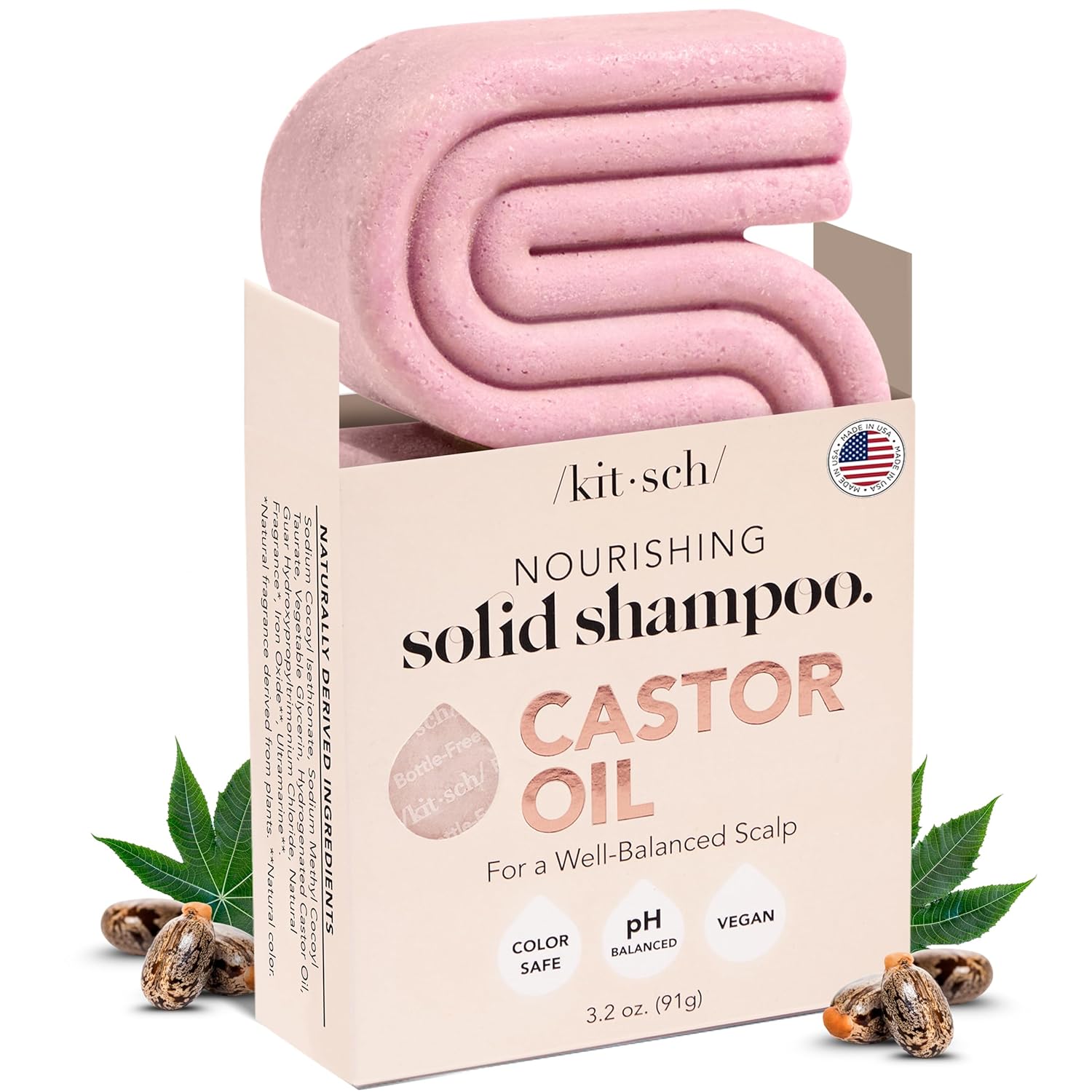 Kitsch Castor Oil Shampoo Bar Soap - Hydrating & Moisturizing Hair Care - Organic Castor Oil Solid Shampoo for Hair Growth & Scalp Nourishment - Silicone & Paraben-Free, Vegan, Made in USA - 3.2oz