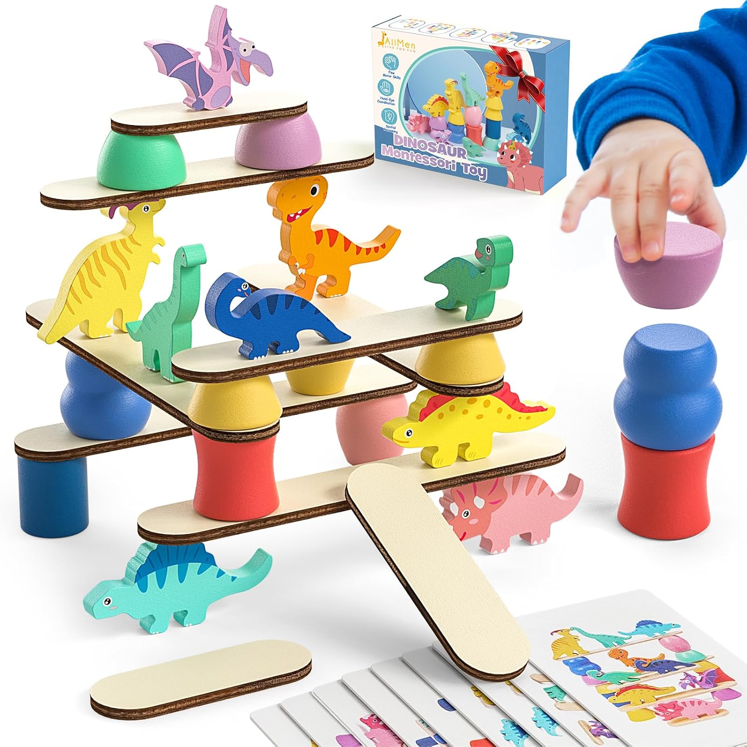Montessori Dinosaur Toys for 1 2 3 4 Year Old Toddlers, Preschool Education Toys for Ages 2-4 Boys Girls Kids, Wooden Dinosaur Blocks Sorting & Stacking & Balance Toy, Educational Birthday Gift