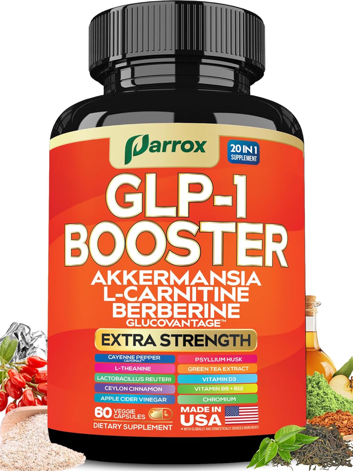 GLP-1 Booster Supplement with Akkermansia, L-Carnitine, Berberine (GlucoVantage), Chromium, Capsimax, Psyllium Husk, Probiotics & Vitamins D3, B6, B12, 20-in-1 Plant-Based Formula (60 Caps)