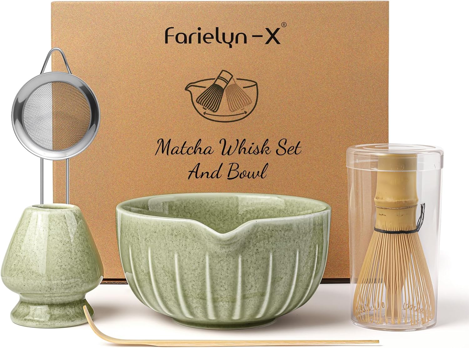 Farielyn-X Matcha Whisk Set, Japanese Tea Set (5pcs) includes Matcha Bowl with Spout (19 oz), Bamboo Whisk, Matcha Scoop, Matcha Whisk Holder (Chasen Holder), Stainless Steel Sifter, Macha Kit