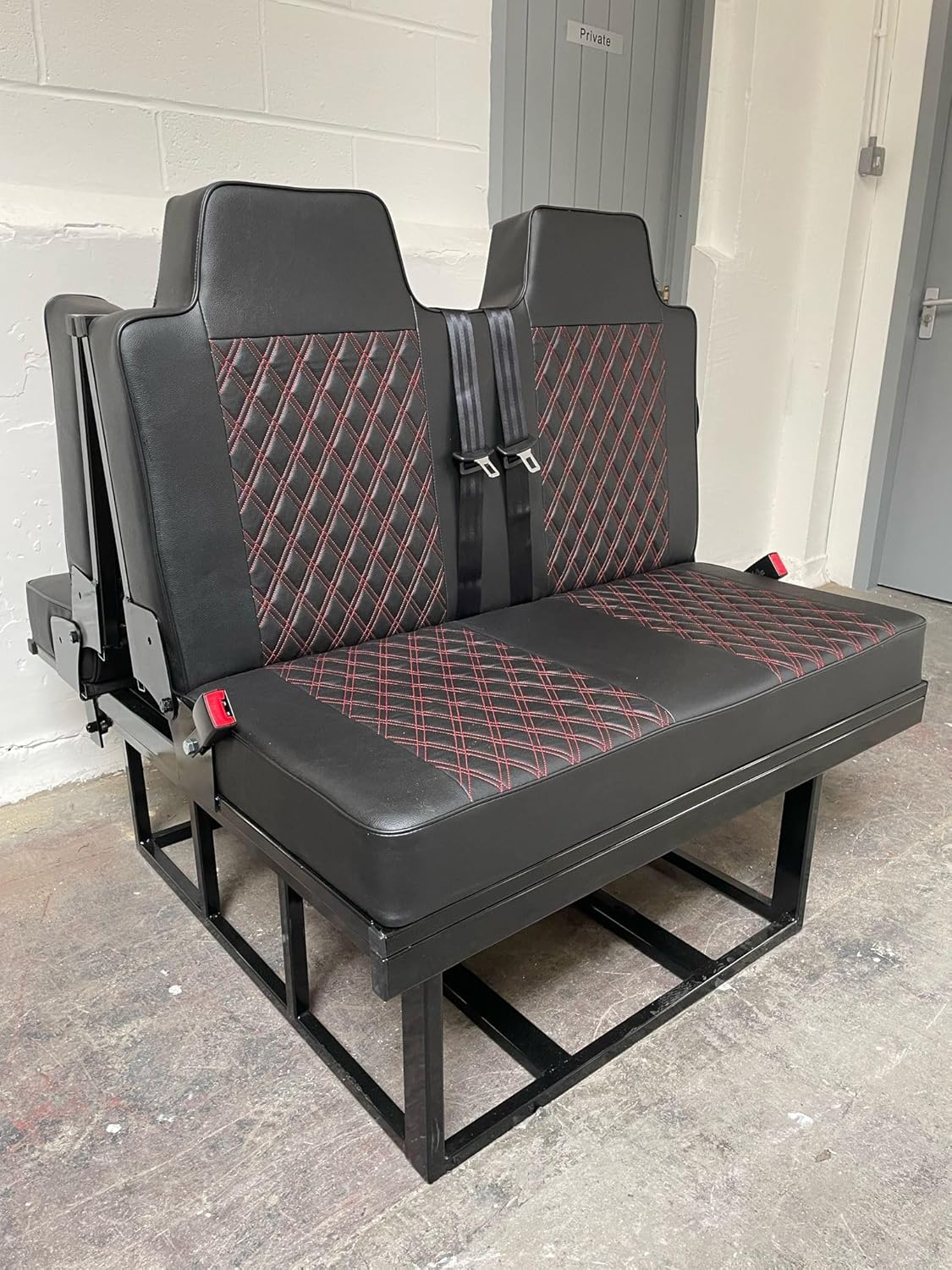 Lusso 4PC 3/4 110cm Bentley Style Double Diamond Red, Black Piping, Rock & Roll Bed, VW T4 T5 T6 Transit Vivaro Trafic. Seat Belts Gas Strut Fabric