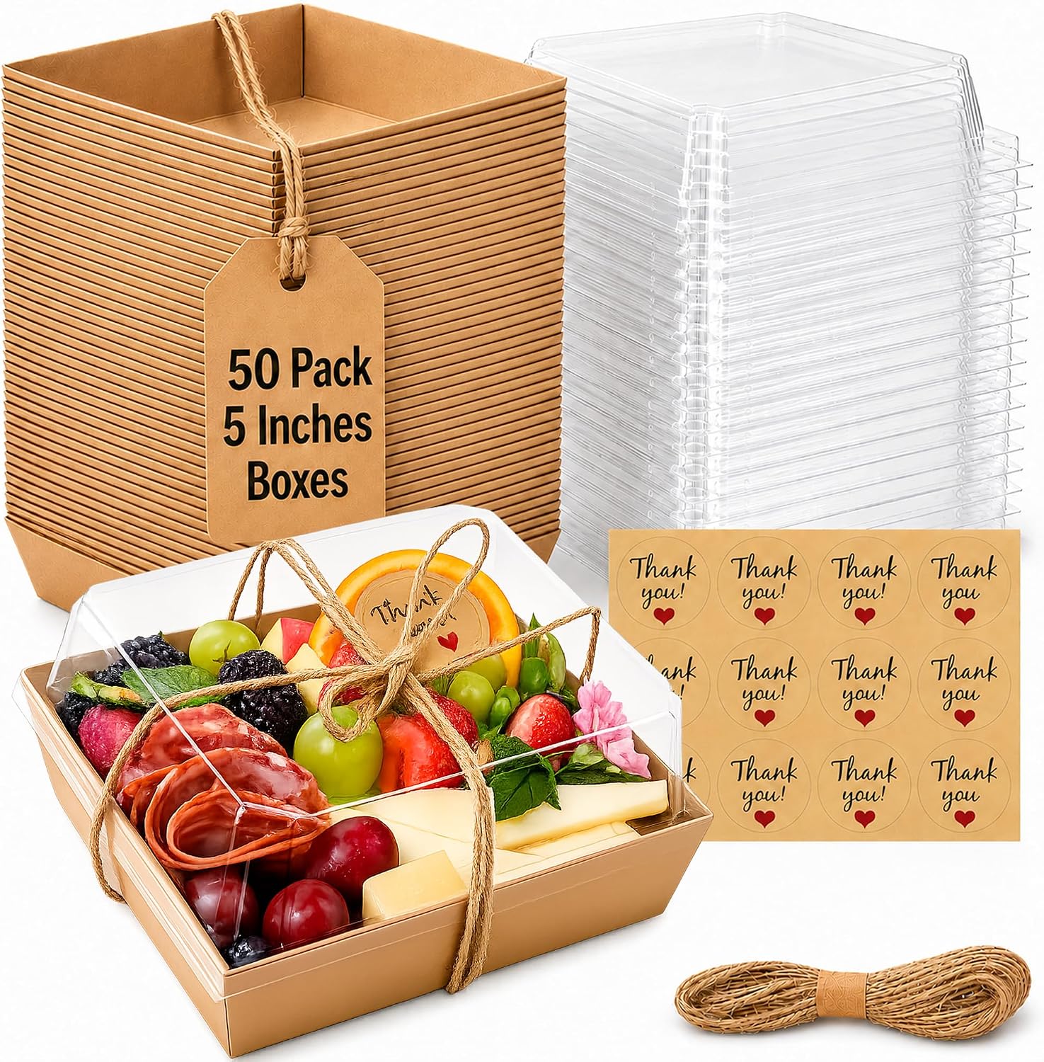 50 Pack 5in Small Charcuterie Boxes with Clear Lids, Mini Paper Containers