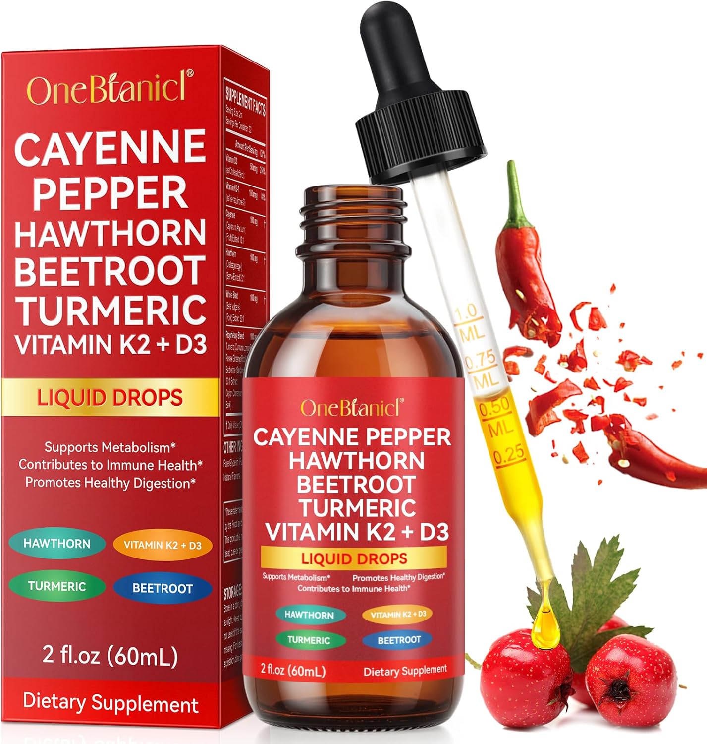 Cayenne Pepper Drops Supplement Liquid, Turmeric Curcumin, Hawthorn Berry, Ceylon Cinnamon, Organic Panax Ginseng, Berberine Extract, 2 Oz