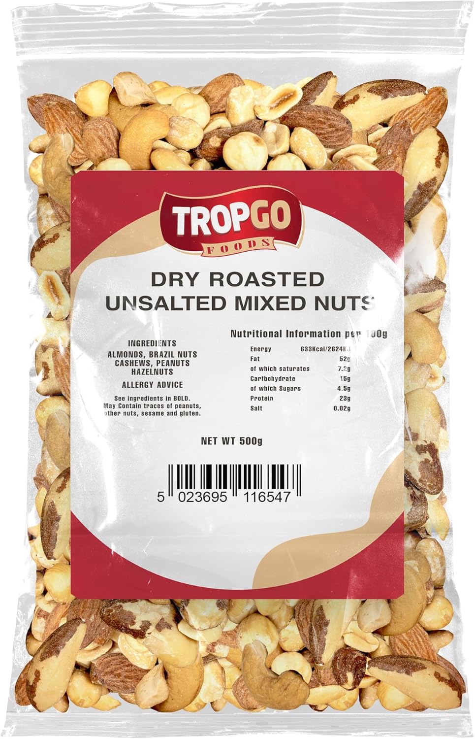 Tropgo Roasted Unsalted Mixed Nuts 500g Nut Snacks - Packed Fresh, Healthy Nuts with Fibre, Protein, and Minerals - Perfect for Snacking - Includes Almonds, Brazil Nuts, Cashews, Peanuts, & Hazelnuts