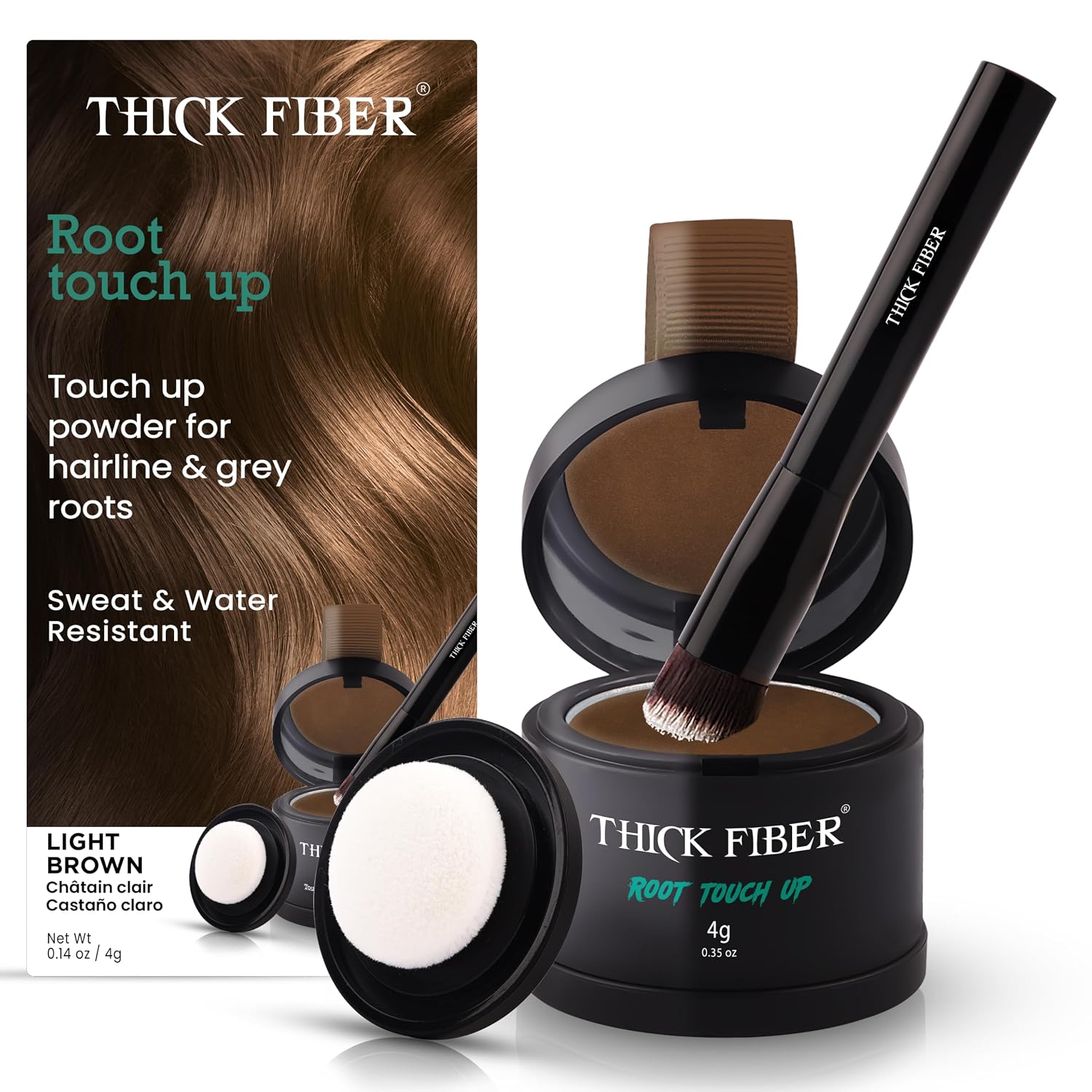 THICK FIBER Root Touch Up and Hairline Concealer - Water & Sweat Resistant Hair Loss Powder Set for Thinning Hair, Includes Brush (Light Brown)