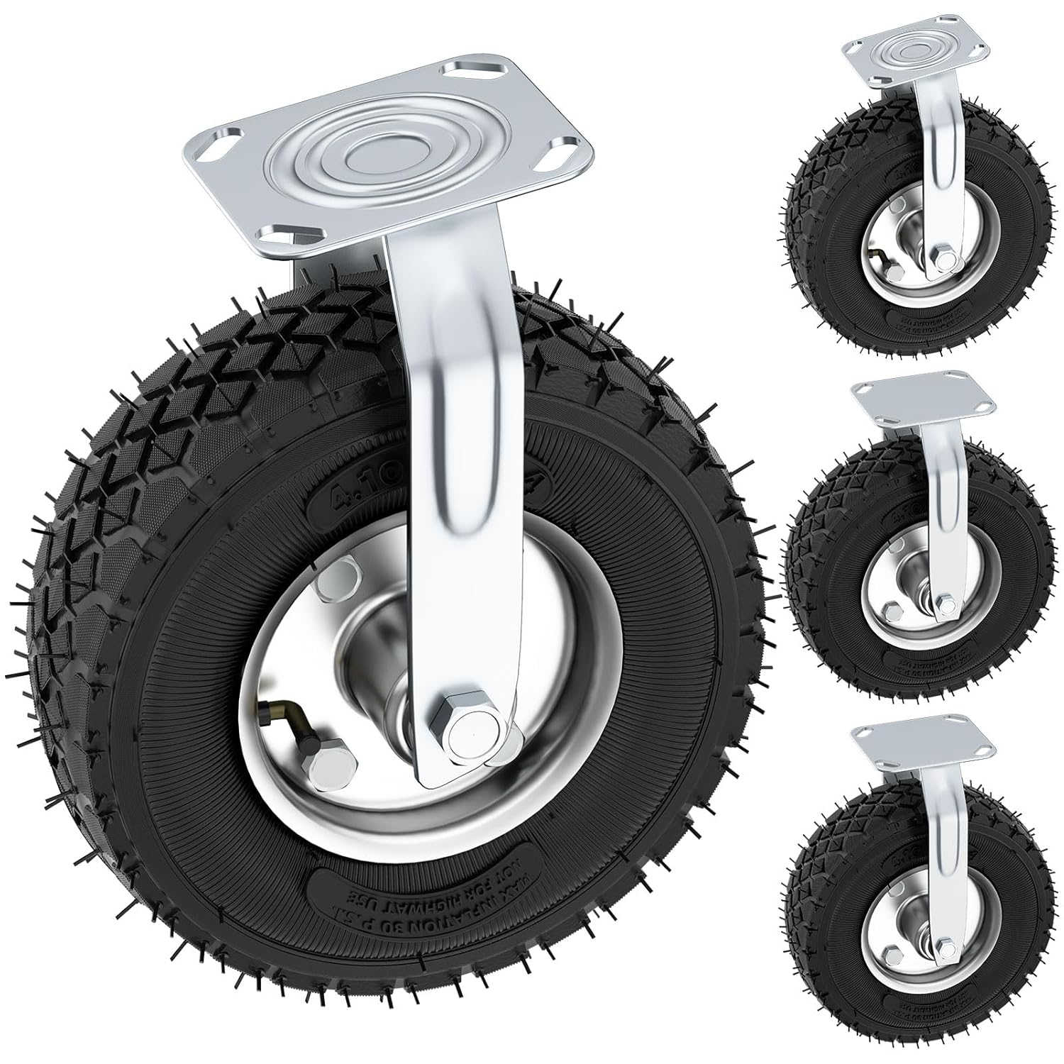 10 Inch Pneumatic Casters Set of 4 (2 Swivel/2 Rigid),Heavy Duty Casters,Tolerable 1300 LBS,Rubber Knobby Tread for Workbench, Cart, Trolley,Wagon and Shelves