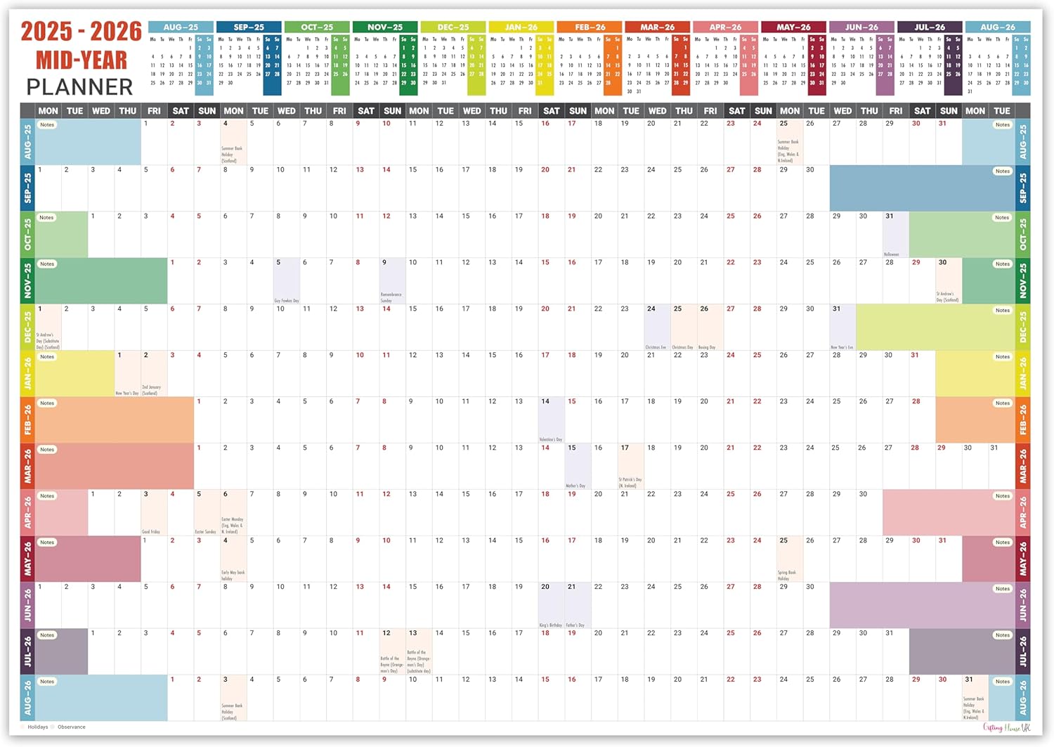 Academic Wall Planner 2025-2026 A1 Laminated – Wall Calendar from August 2025 to August 2026 – Large Size (85 x 59.4 cm) – 13 Months Mid Year Wall Planner 25/26 – Marked Holidays - Notes Space