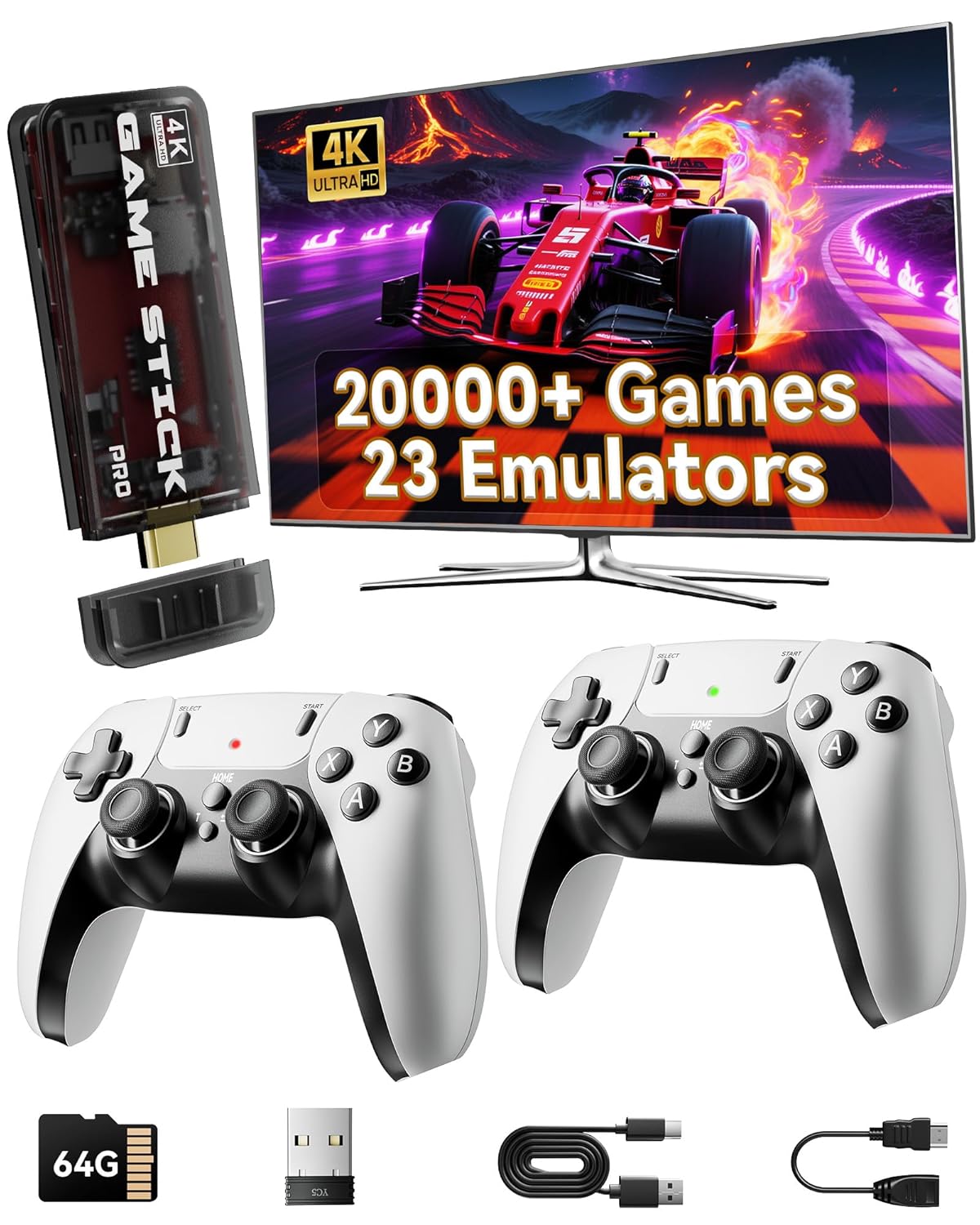2025 Retro Gaming Console Pro 4K HDMI with 20,000+ Built-in Classic Video Games, Retro Game Stick with 23 Emulators Plug & Play TV Video Gaming Stick with 64GB Memory