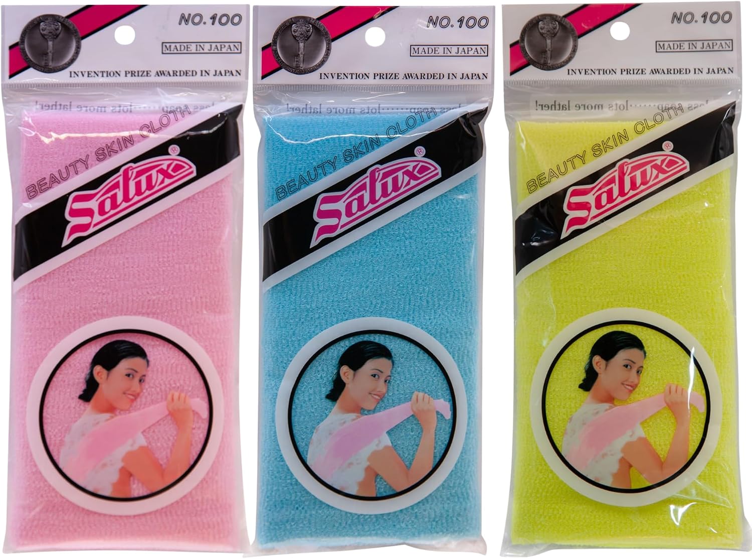 SALUX Nylon Japanese Beauty Skin Bath Wash Cloth Towel 3 Count Pink Yellow Blue