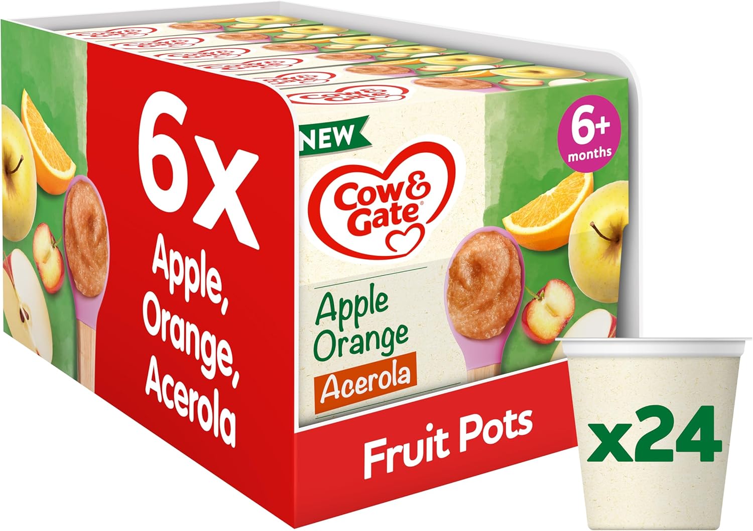 Cow & Gate Apple Orange & Acerola Baby Food Fruit Pot Multipack, 6+ Months, 100g (24 Pots)