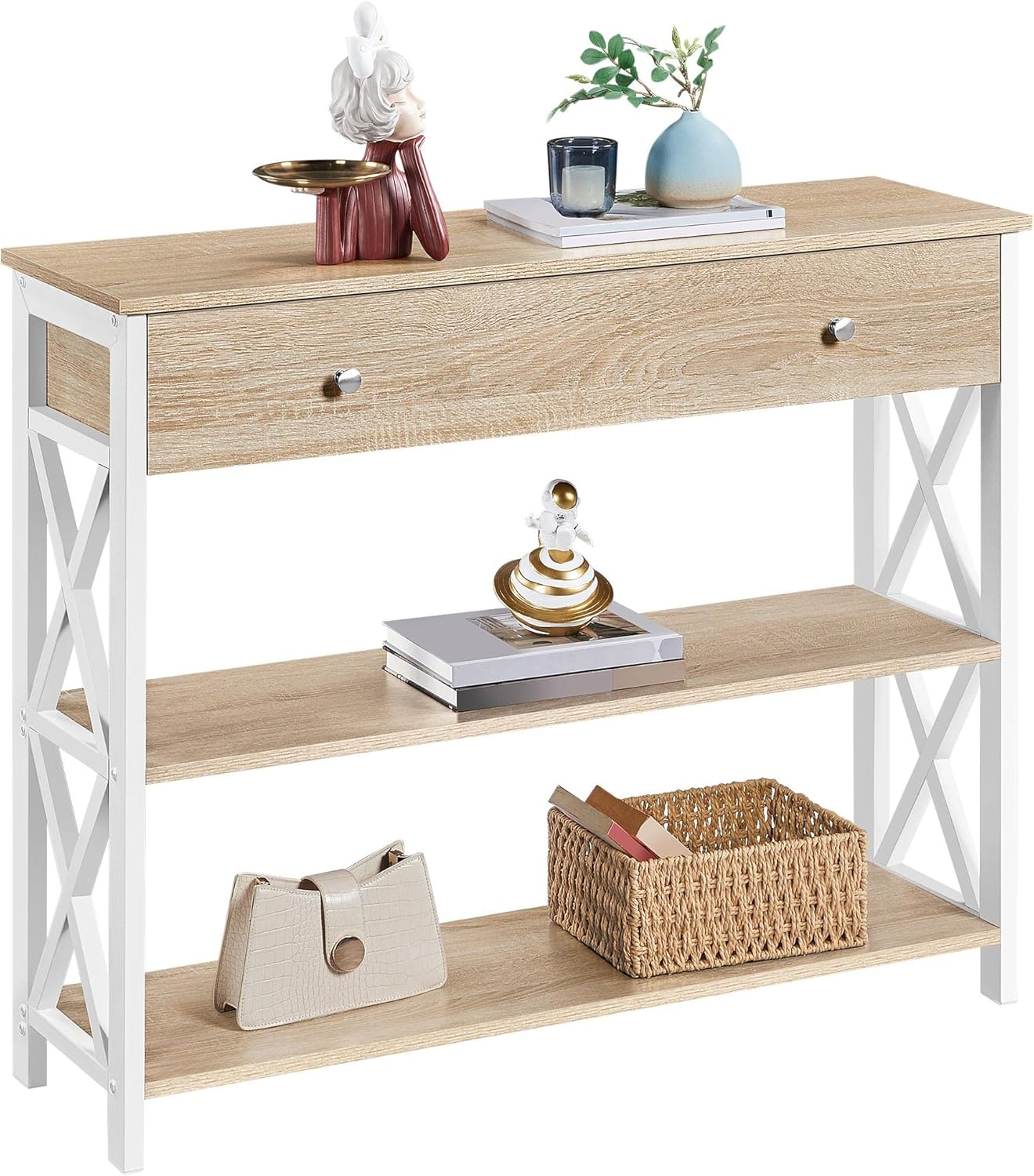 Yaheetech Console Table for Living Room, Industrial Entryway Table with Drawer and Storage Shelves, Sofa Table Side Table for Hallway/Living Room/Bedroom Metal Frame, 100x29.5x81cm, Light Oak