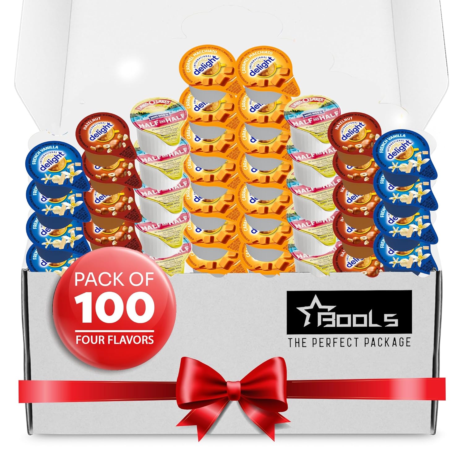 Coffee Creamer Singles Variety Pack Packaged by Bools, Intearnational Dealight Mini Coffee Creamer & Mini Moo's 4 Flavor Assortment (100 Pack) for Home, Office, Coffee, Bar, Gift