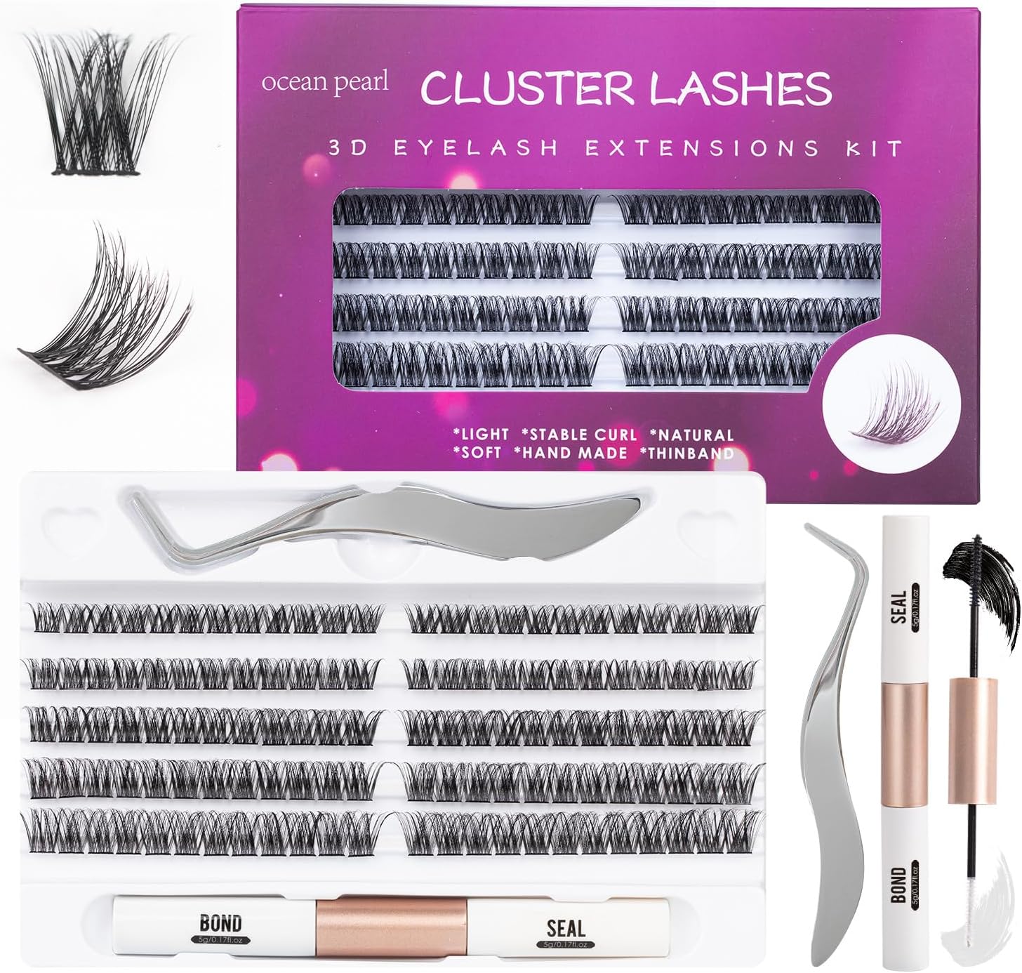 Ocean Pearl Individual Eyelashes 120 Cluster Lashes DIY Eyelash Extension Thin Band Wide Stem Lash Clusters with Tweezers and Super Bond and Seal Lash Extensions Kit Mix 10-16mm Length C/D Curl-OP01