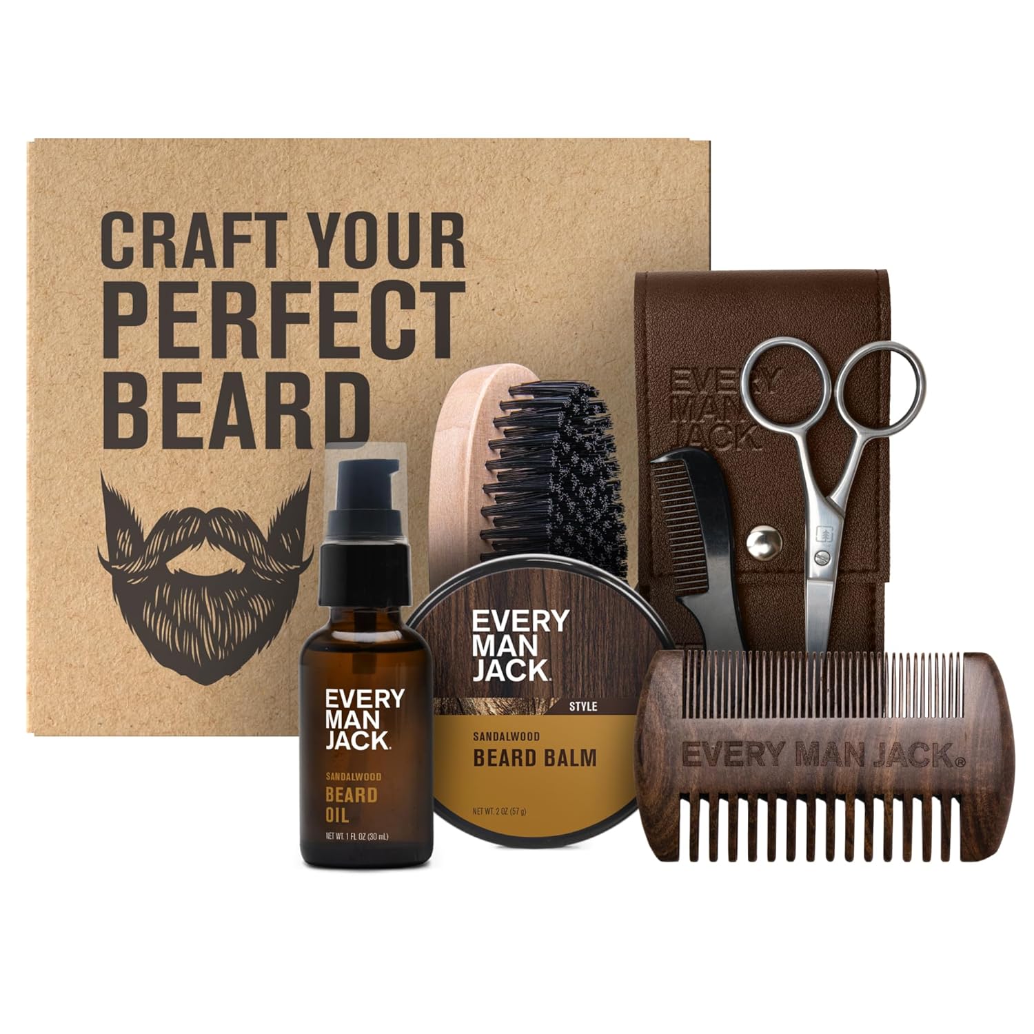 Every Man Jack Beard Grooming Kit for Men - Includes Sandalwood Beard Oil & Beard Balm, Beard Brush, Wooden Dual-sided Comb, Trimming Scissors and Mustache Comb
