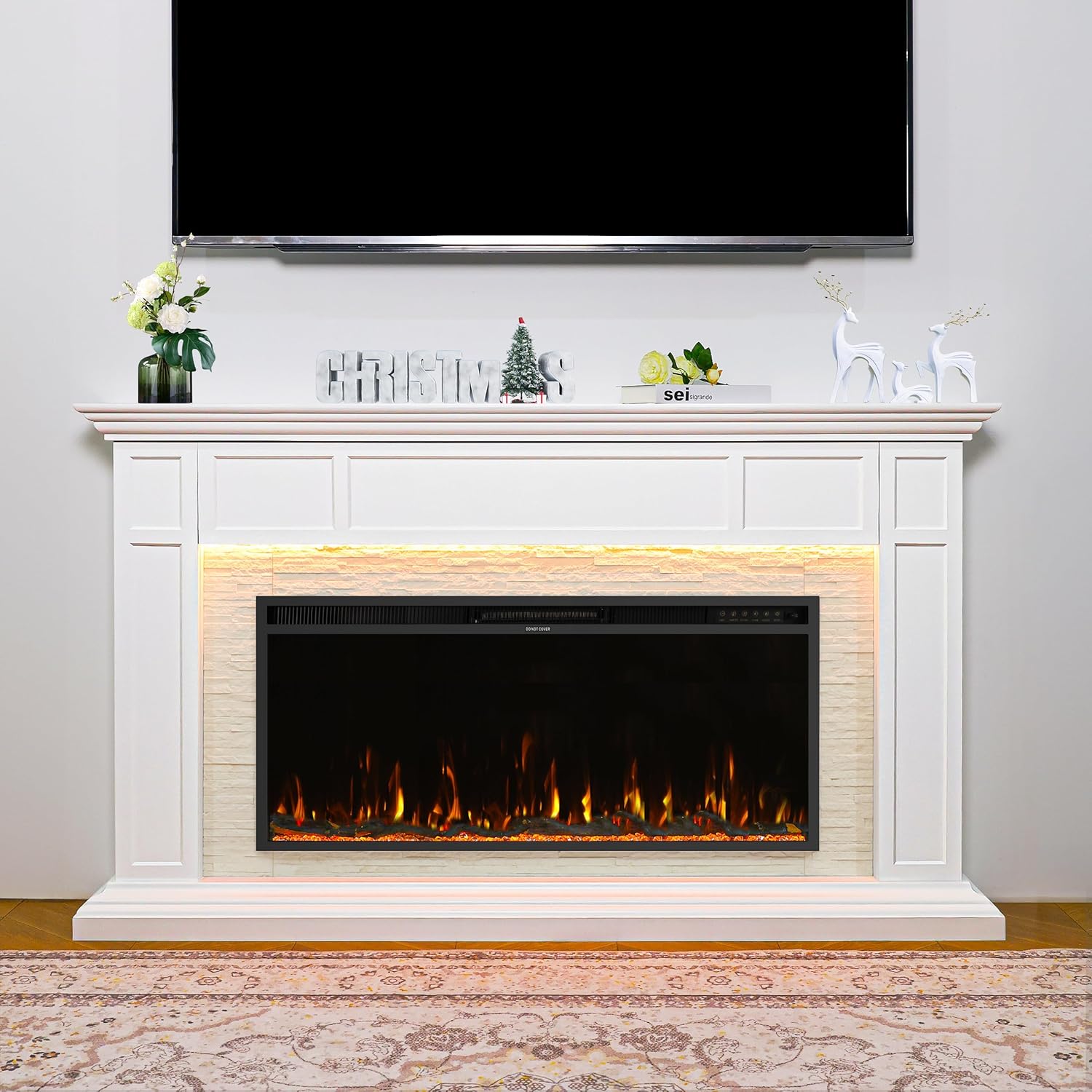 69" Electric Fireplace with Mantel, Fireplace TV Stand with 42" Fireplace Insert for Livingroom/Bedroom, Realistic 3D Flame & 15 LED Colors, Remote Control, 750/1500W Heats, Faux Stone Finish
