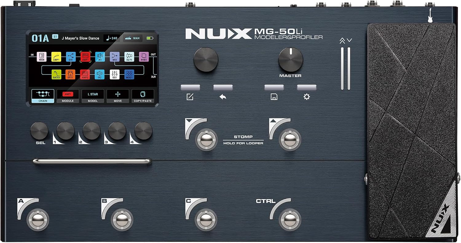 NUX MG-50Li Multi-Effects for Guitar & Bass, 14 Independent Movable Signal Blocks, 5-Hour Battery Life,DeepImage Profiling, Advanced Amp Modeling, Dark Blue