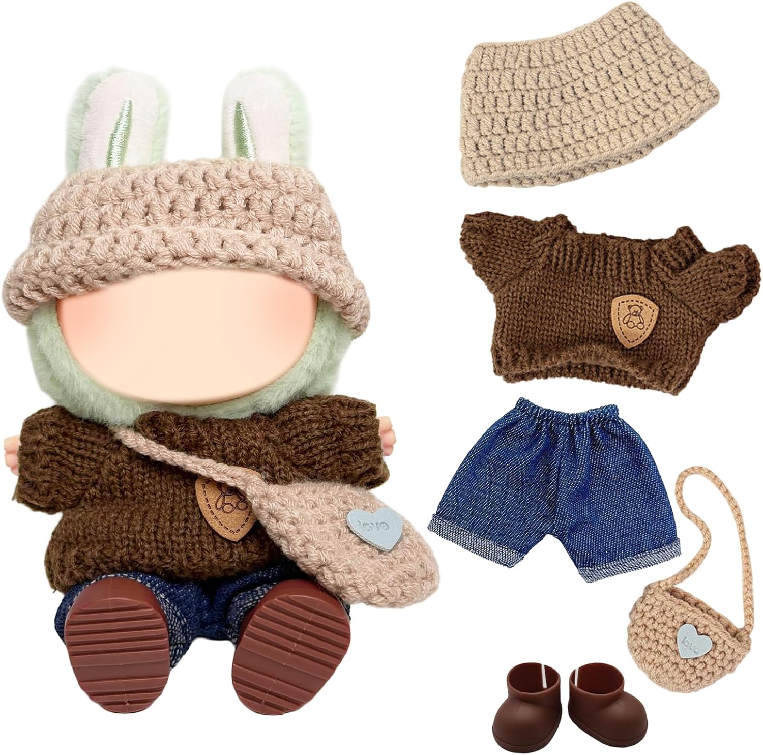 5 Pcs Doll Clothes Compatible with Labubu 17cm Dolls, Brown Doll Outfit Accessories Sets Include 1 Sweater 1 Pants 1 Hat 1 Shoes 1 Bag Girl for Best Gifts No Doll