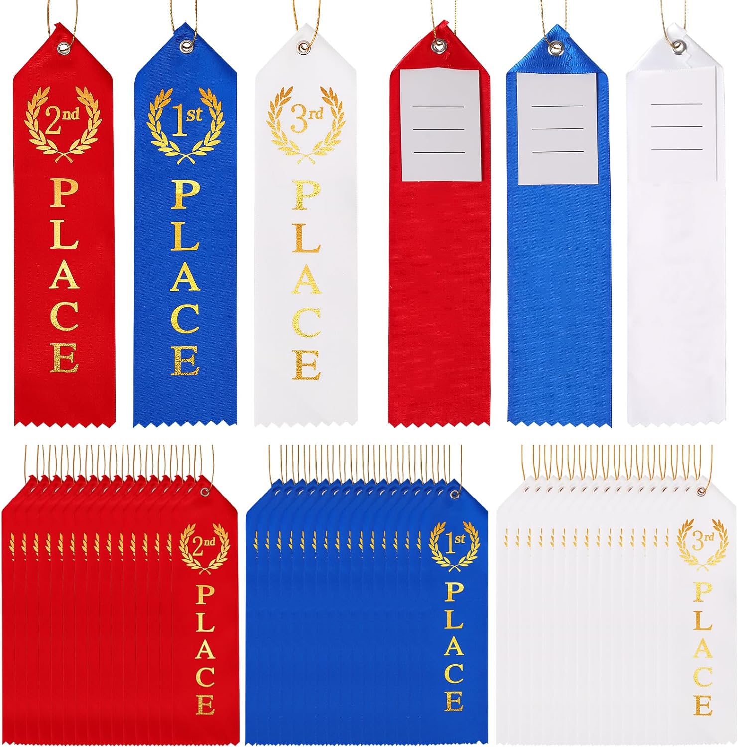 48PCS Award Ribbons, Medal Ribbons for 1st, 2nd, 3rd Place, Event Card & Rope Included, Perfect for Competitions, Sports Events, School Challenges, Vibrant Blue, Red, and White