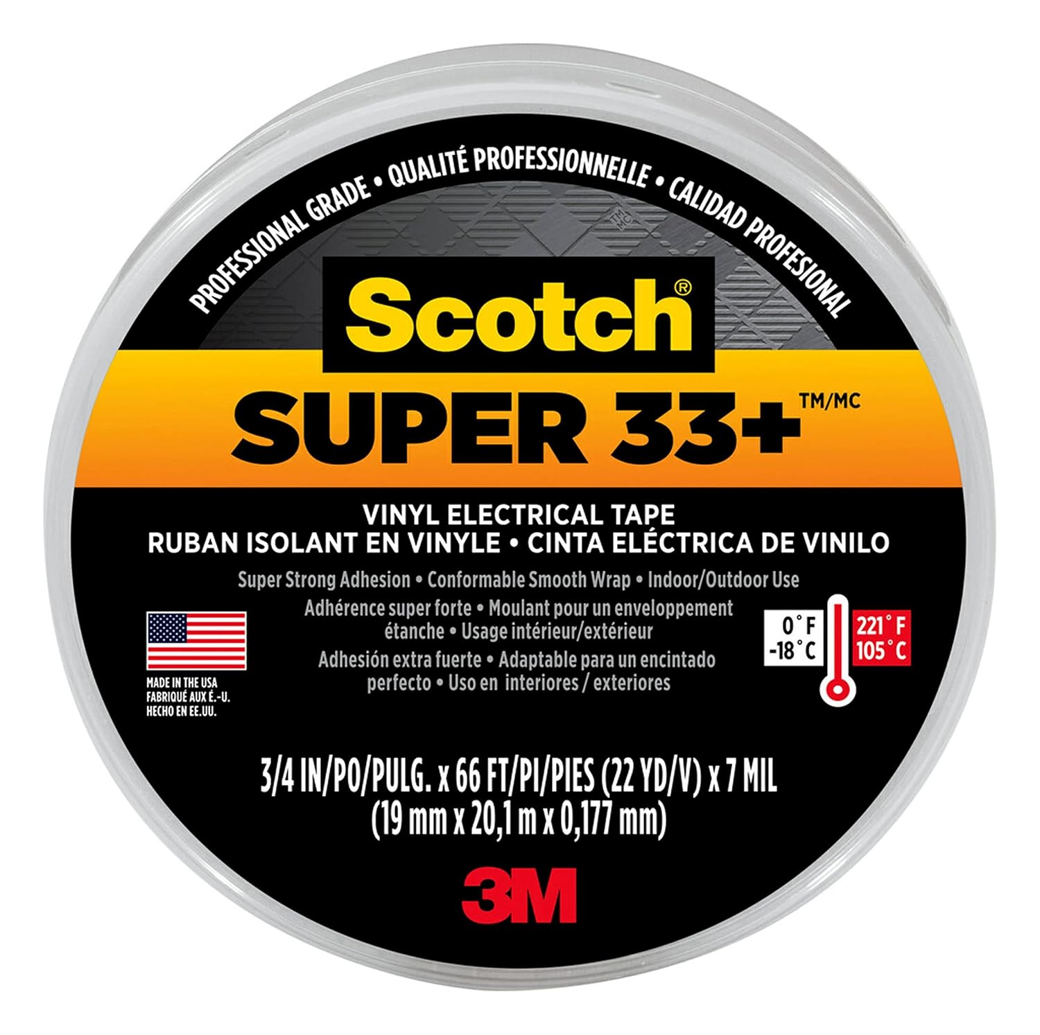 Scotch 3M Super 33+ Vinyl Electrical Tape, .75-Inch x 66-Foot, Pack of 10 Rolls, Insulates and Protects Against Abrasion and Moisture, Protective Jacketing up to 600V Splice Insulation (6132-BA-10)