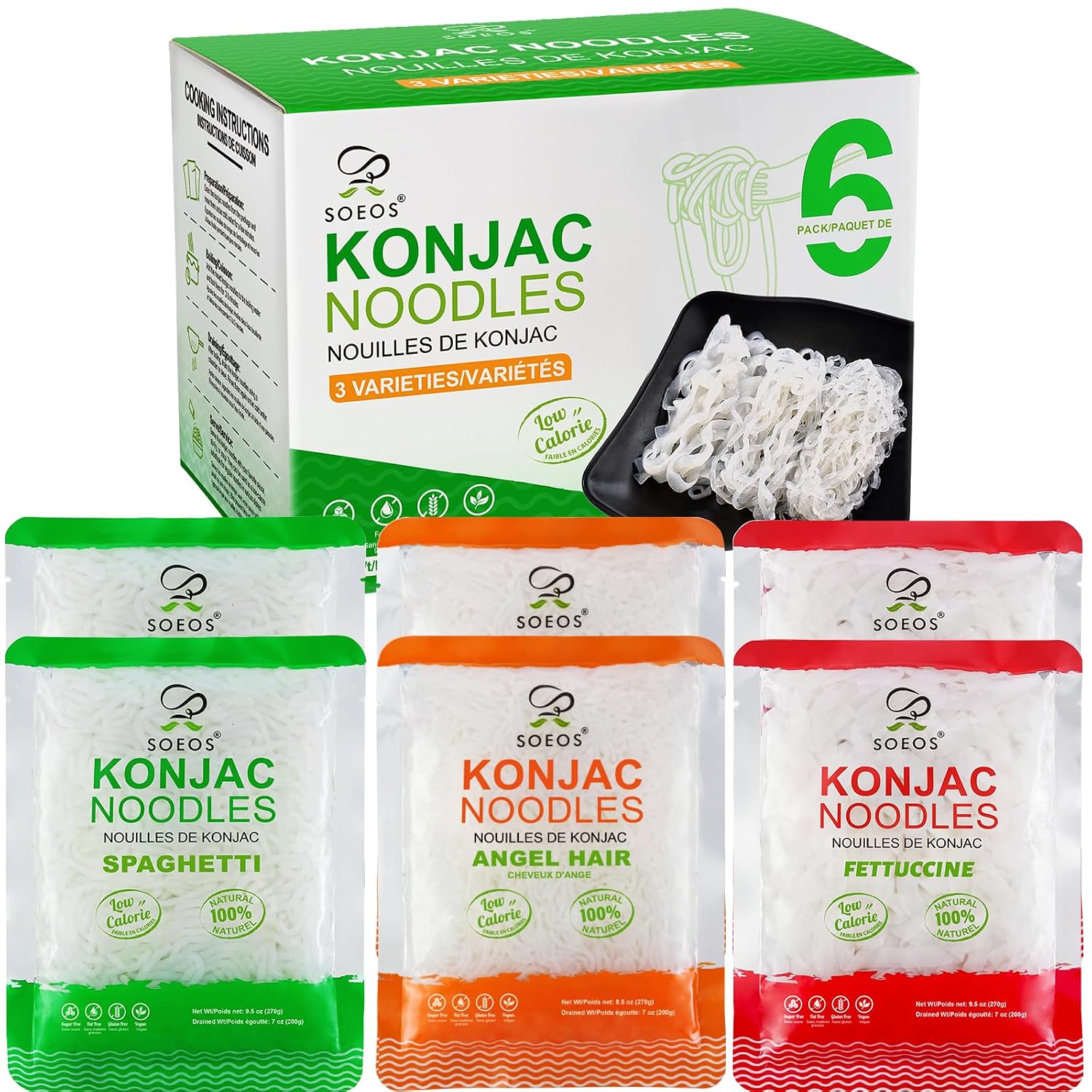 Soeos Konjac Noodles, Shirataki Noodle, 9.5oz (270g)*6, 3 Variety Noodles | Low Calorie, Low Carb, Keto and Paleo Friendly, Fettuccine, Angel Hair, Spaghetti, Total 57 Ounce