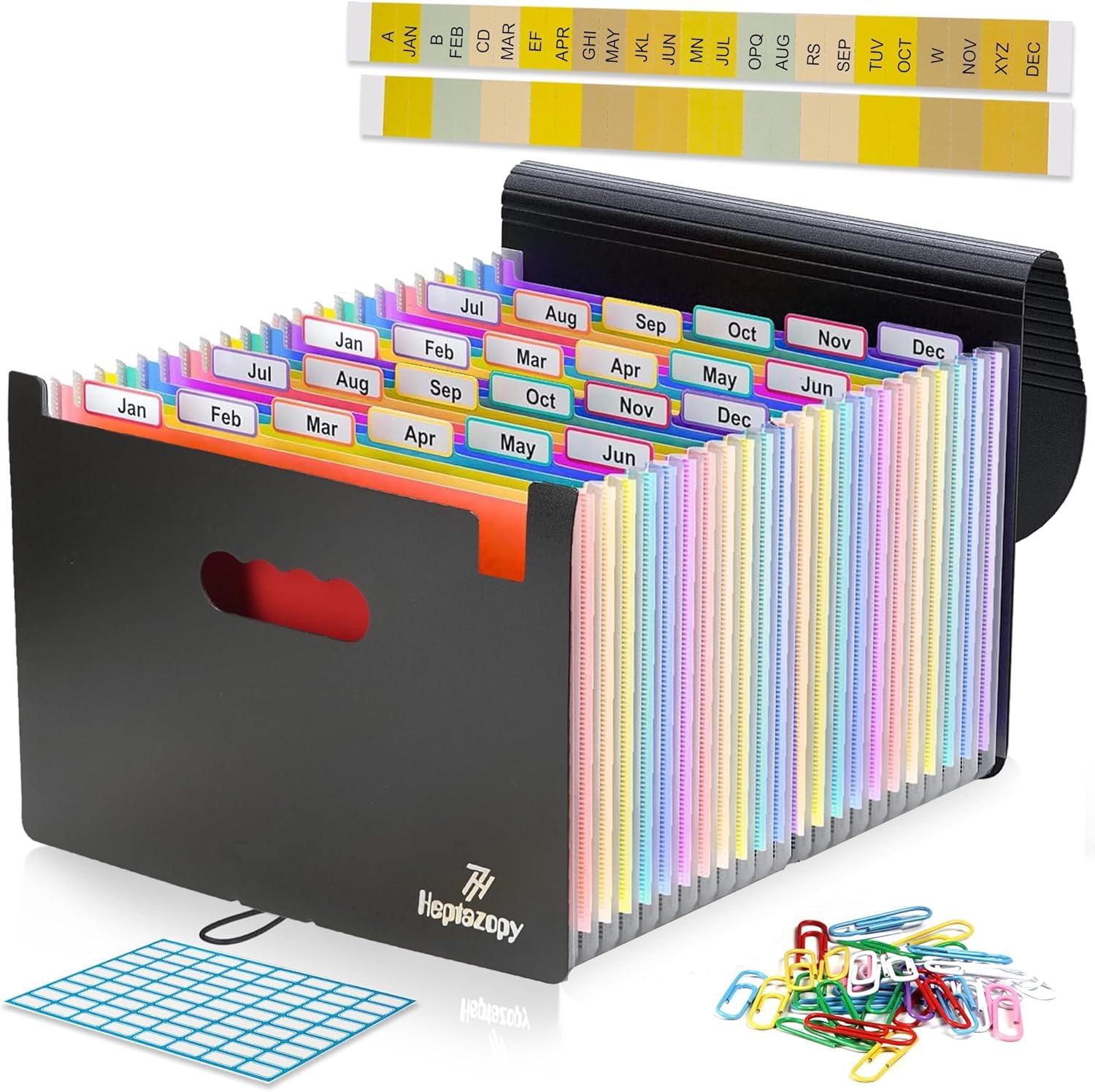 File Organiser, 26 Folders for Paperwork A4 with Clips, Unique Design, 34 x 25 x 4 cm Quality PP Document Organiser, Flap & Elastic Cord Closure Comes with Labels, Tags & Sticker Card