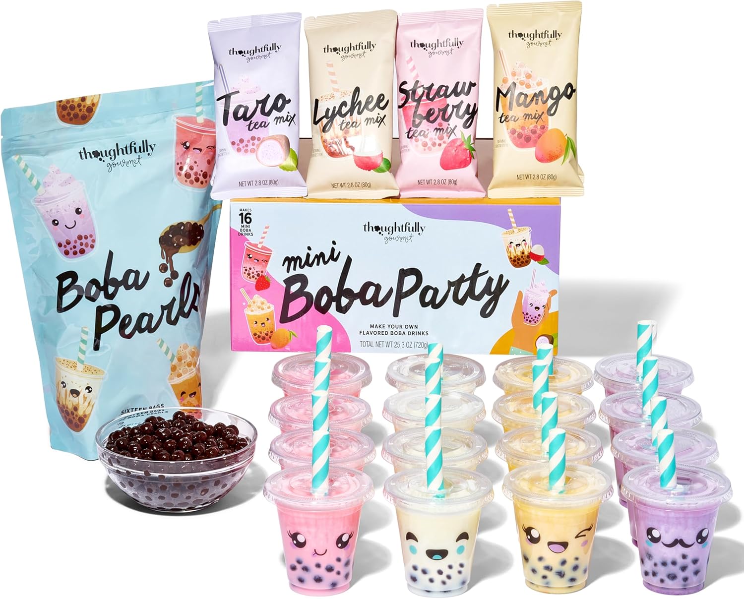 Thoughtfully Gourmet, Mini Boba Party Set, Makes 16 Tasting Portions Of Bubble Tea, Includes 4 Flavors, Boba Pearls, Cups, Lids, And Straws