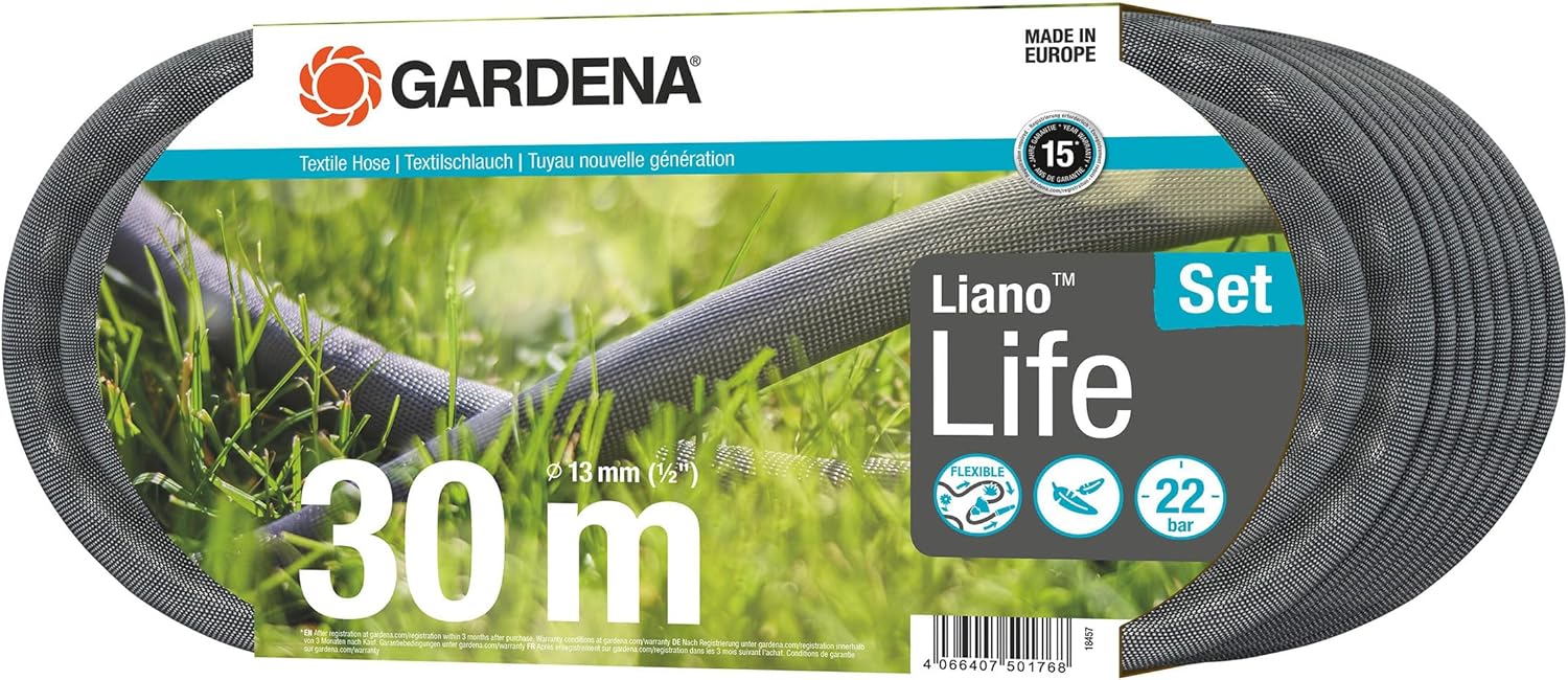 Gardena Liano Life Textile Hose 1/2 inch, 30m: Highly flexible textile garden hose, with PVC inner tube, no kinking, lightweight, weather-resistant (18457-20)