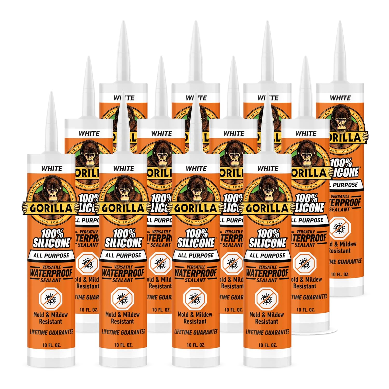 Gorilla 100% Silicone Sealant All Purpose, 10 Ounce Cartridge, White (Pack of 12)