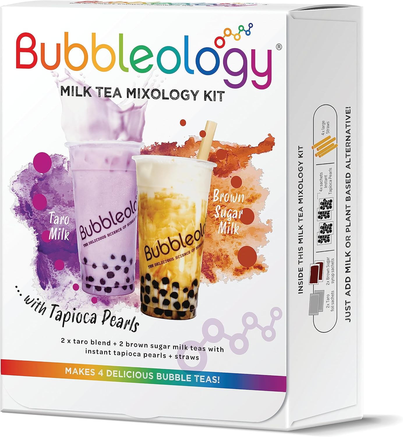 Bubbleology Milk Tea Mixology Kit with Tapioca Pearls (Pack of 1) Makes 4 Delicious Bubble Teas | 2 Brown Sugar Milk & 2 Taro Milk with Instant Tapioca Pearls